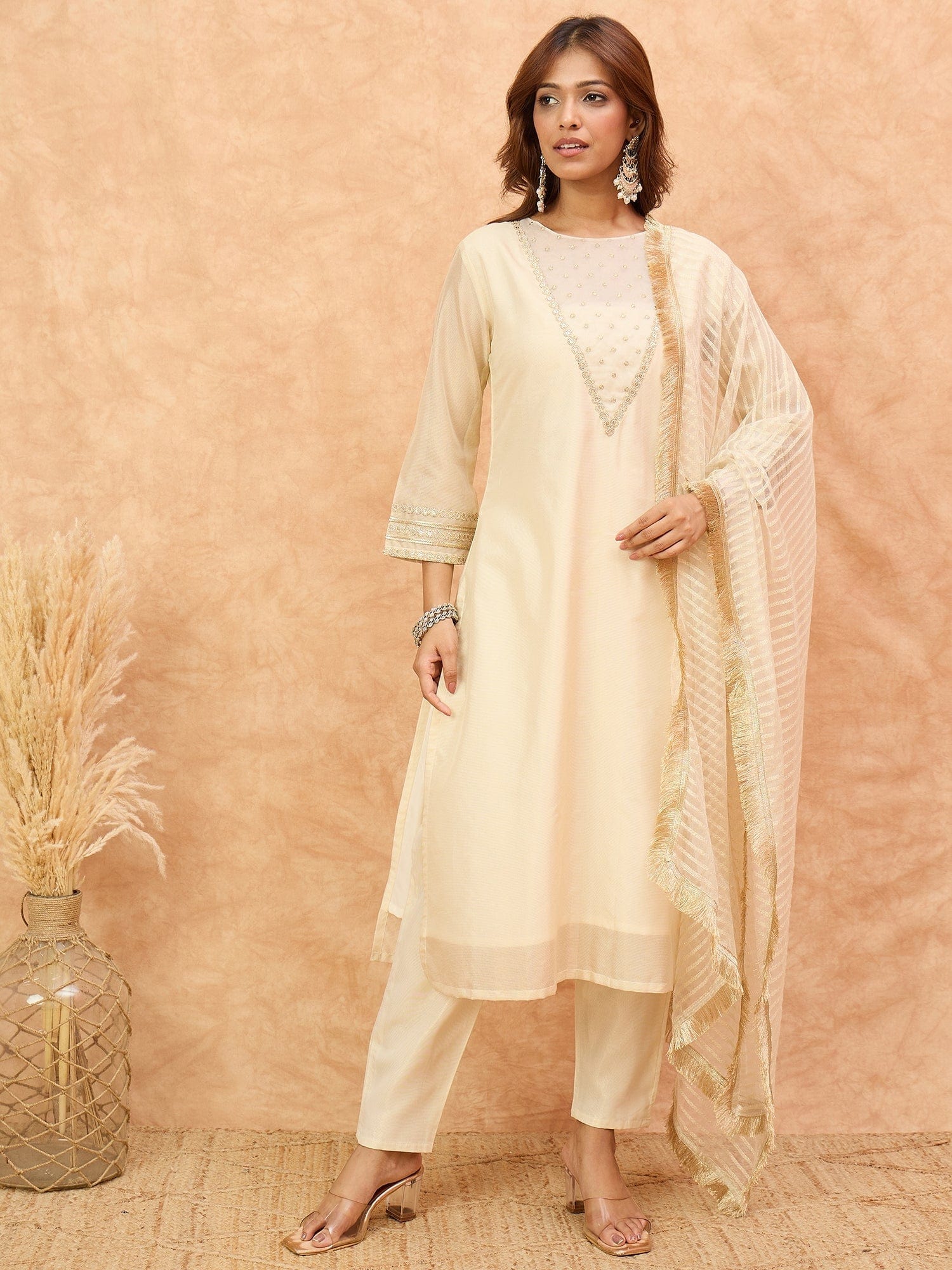 The Kurti Collection Women Zari Embroidered And Sequence Embellished With Organza Detailed Kurta With Bottom And Dupatta