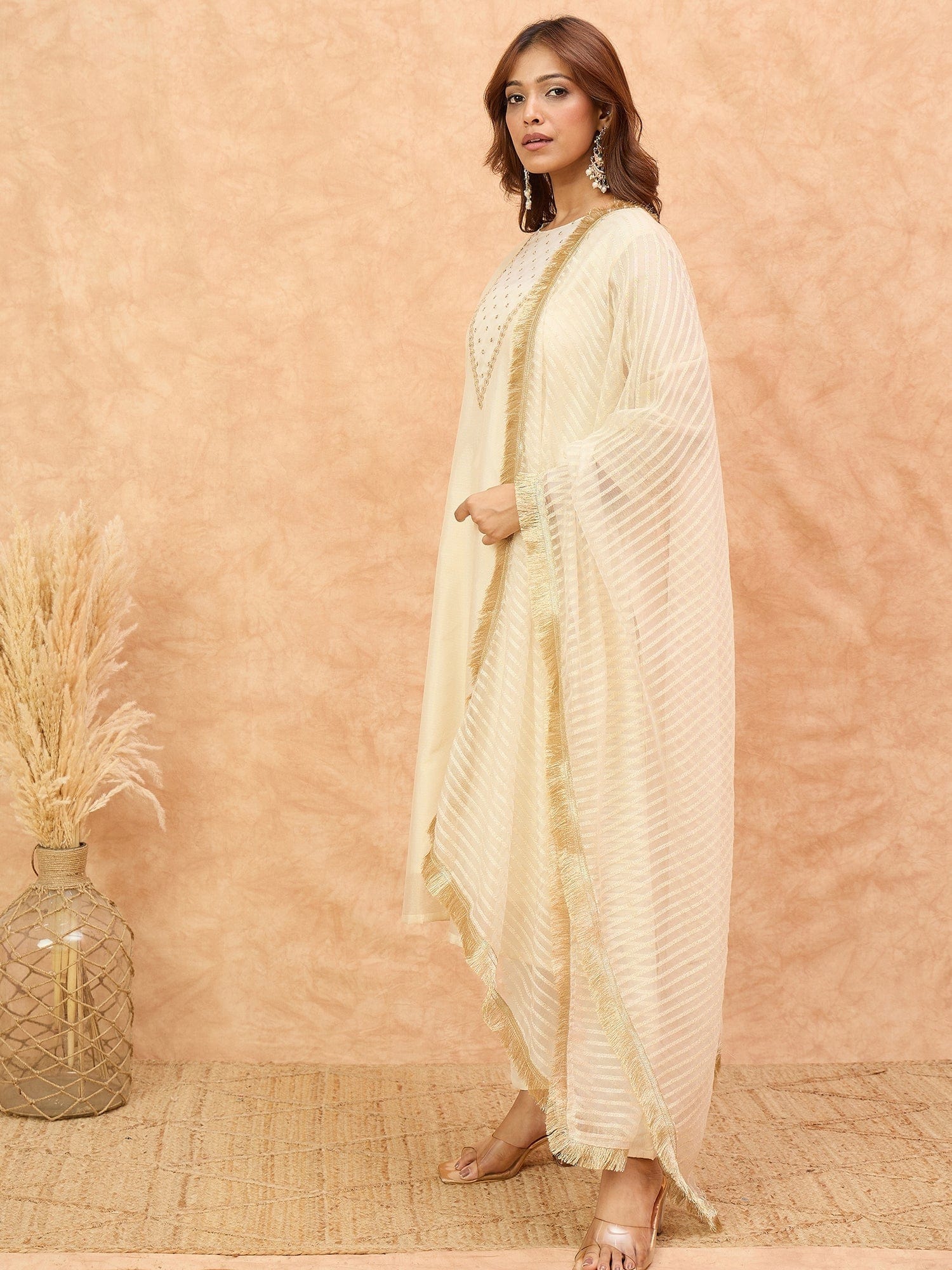 The Kurti Collection Women Zari Embroidered And Sequence Embellished With Organza Detailed Kurta With Bottom And Dupatta