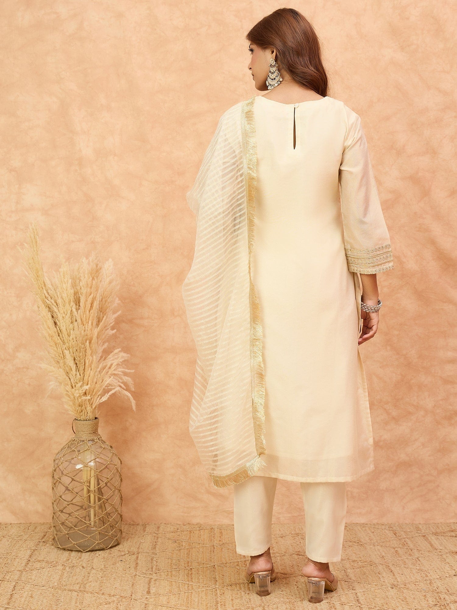 The Kurti Collection Women Zari Embroidered And Sequence Embellished With Organza Detailed Kurta With Bottom And Dupatta