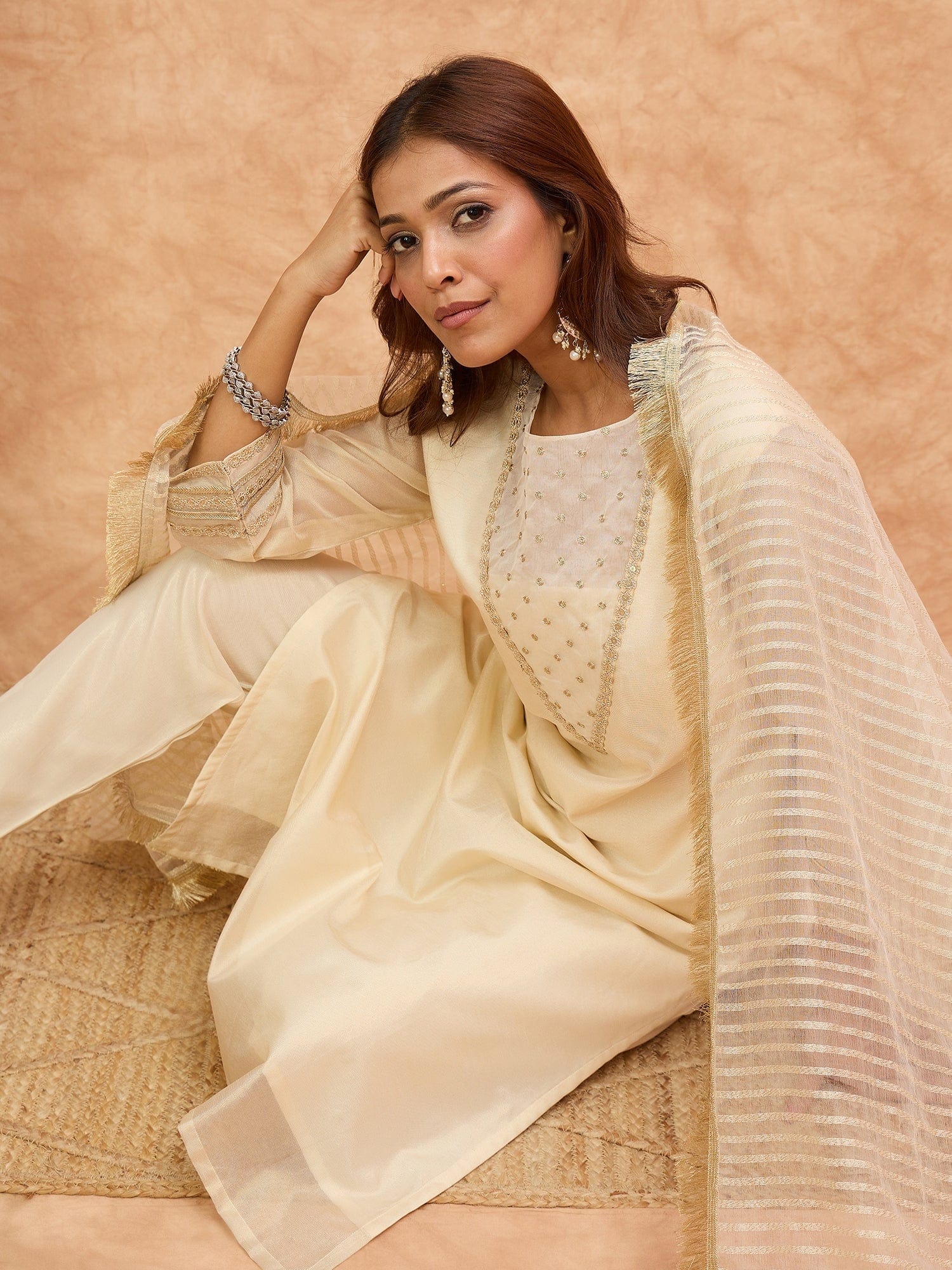 The Kurti Collection Women Zari Embroidered And Sequence Embellished With Organza Detailed Kurta With Bottom And Dupatta