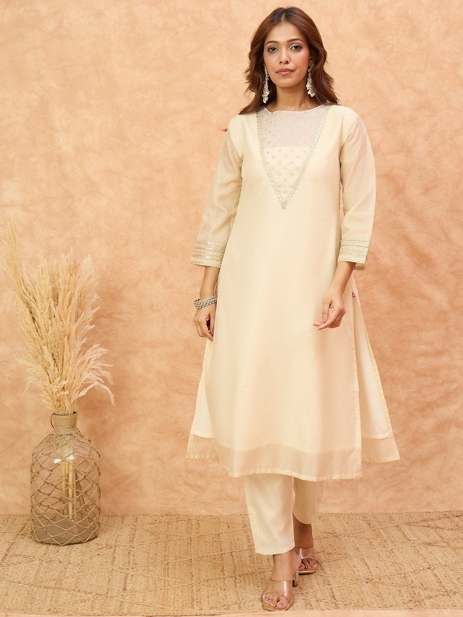 The Kurti Collection Women Zari Embroidered And Sequence Embellished With Organza Detailed Kurta With Bottom And Dupatta