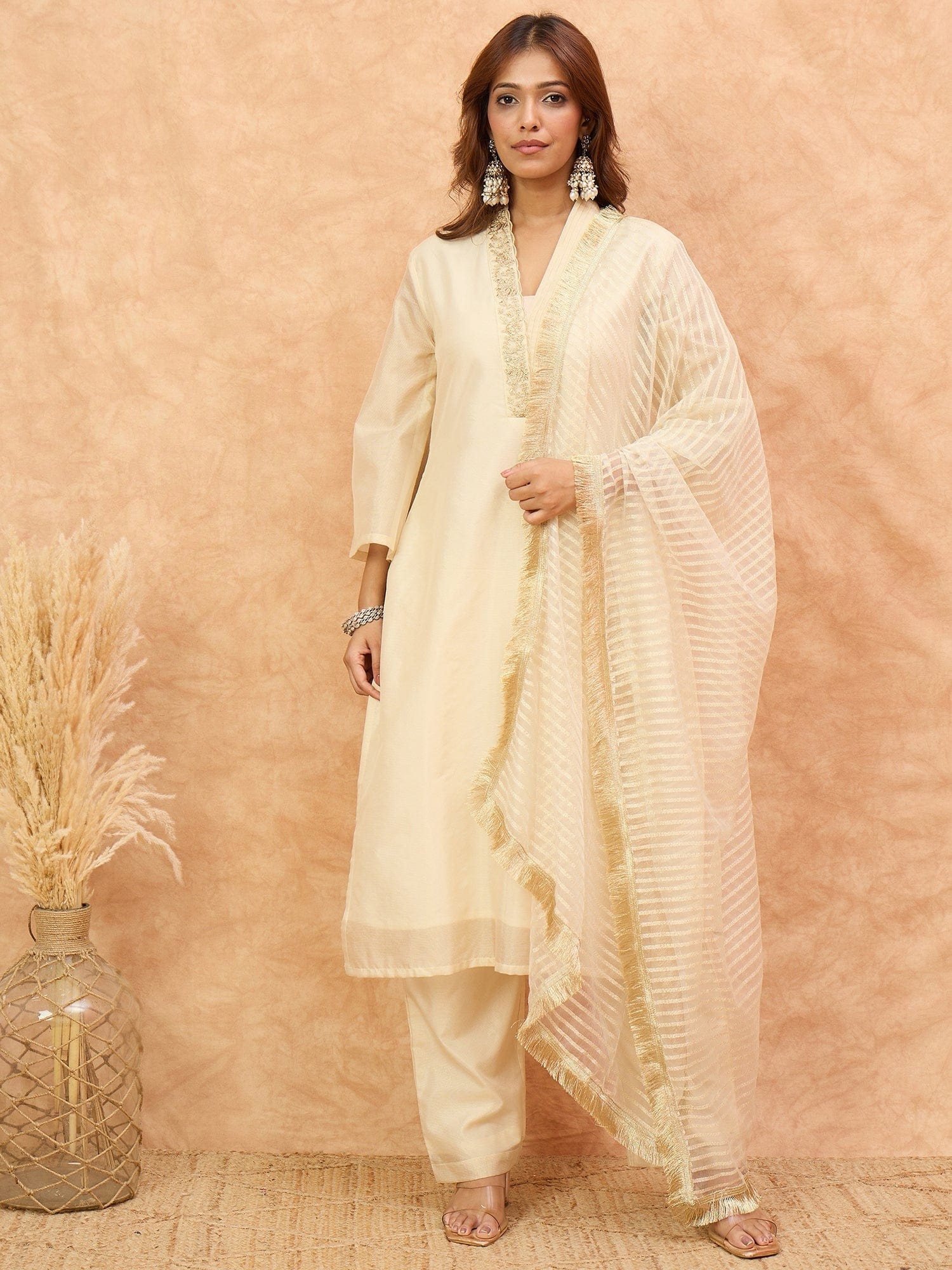 The Kurti Collection Women Cream Brocade Shimmer Zari Embroidered Kurta Set with Dupatta