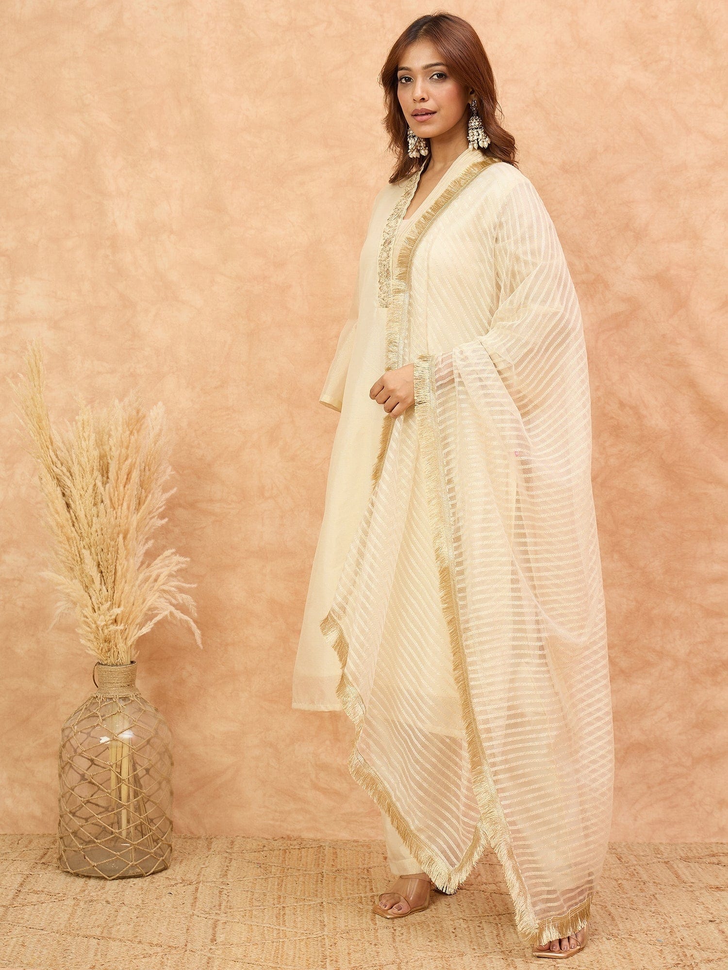 The Kurti Collection Women Cream Brocade Shimmer Zari Embroidered Kurta Set with Dupatta