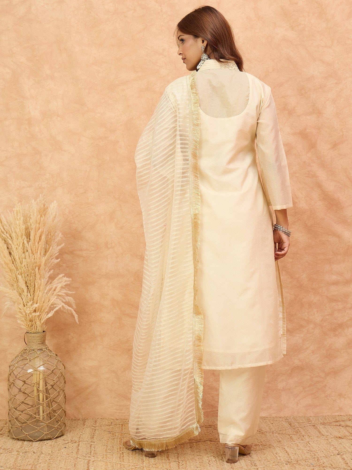 The Kurti Collection Women Cream Brocade Shimmer Zari Embroidered Kurta Set with Dupatta