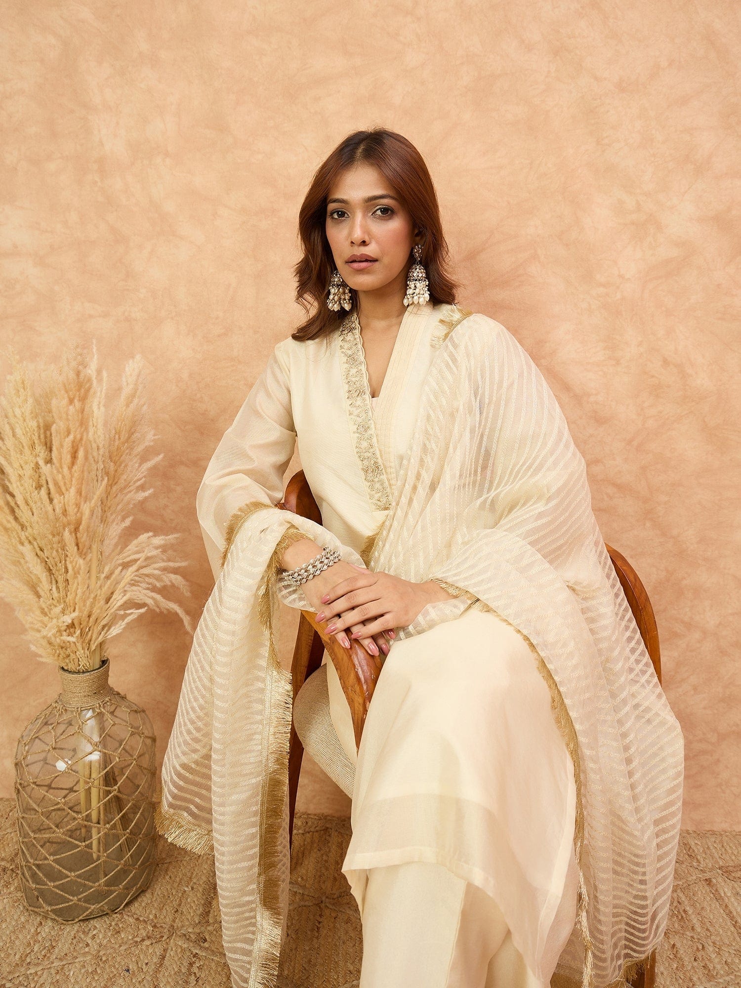 The Kurti Collection Women Cream Brocade Shimmer Zari Embroidered Kurta Set with Dupatta