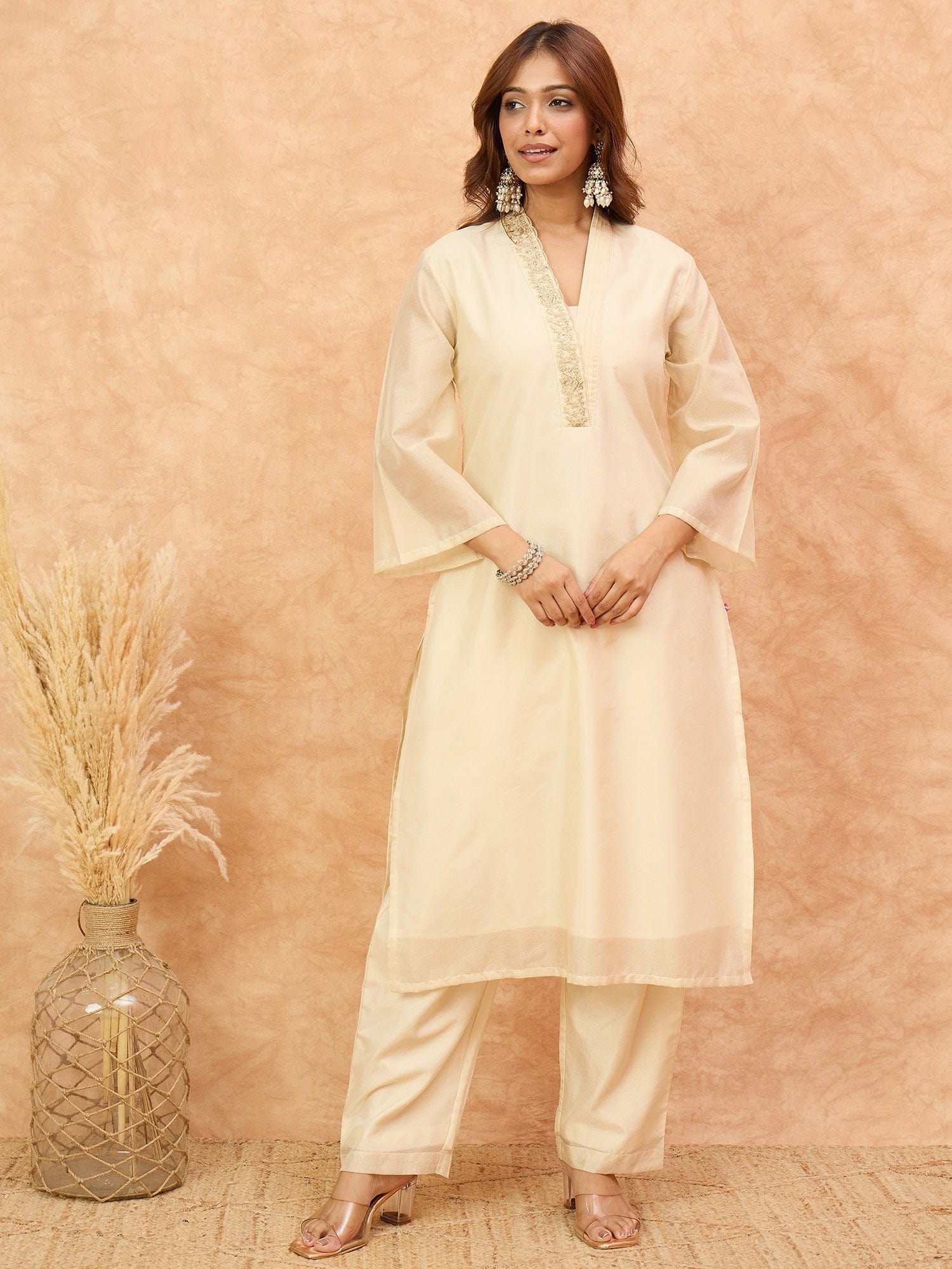 The Kurti Collection Women Cream Brocade Shimmer Zari Embroidered Kurta Set with Dupatta