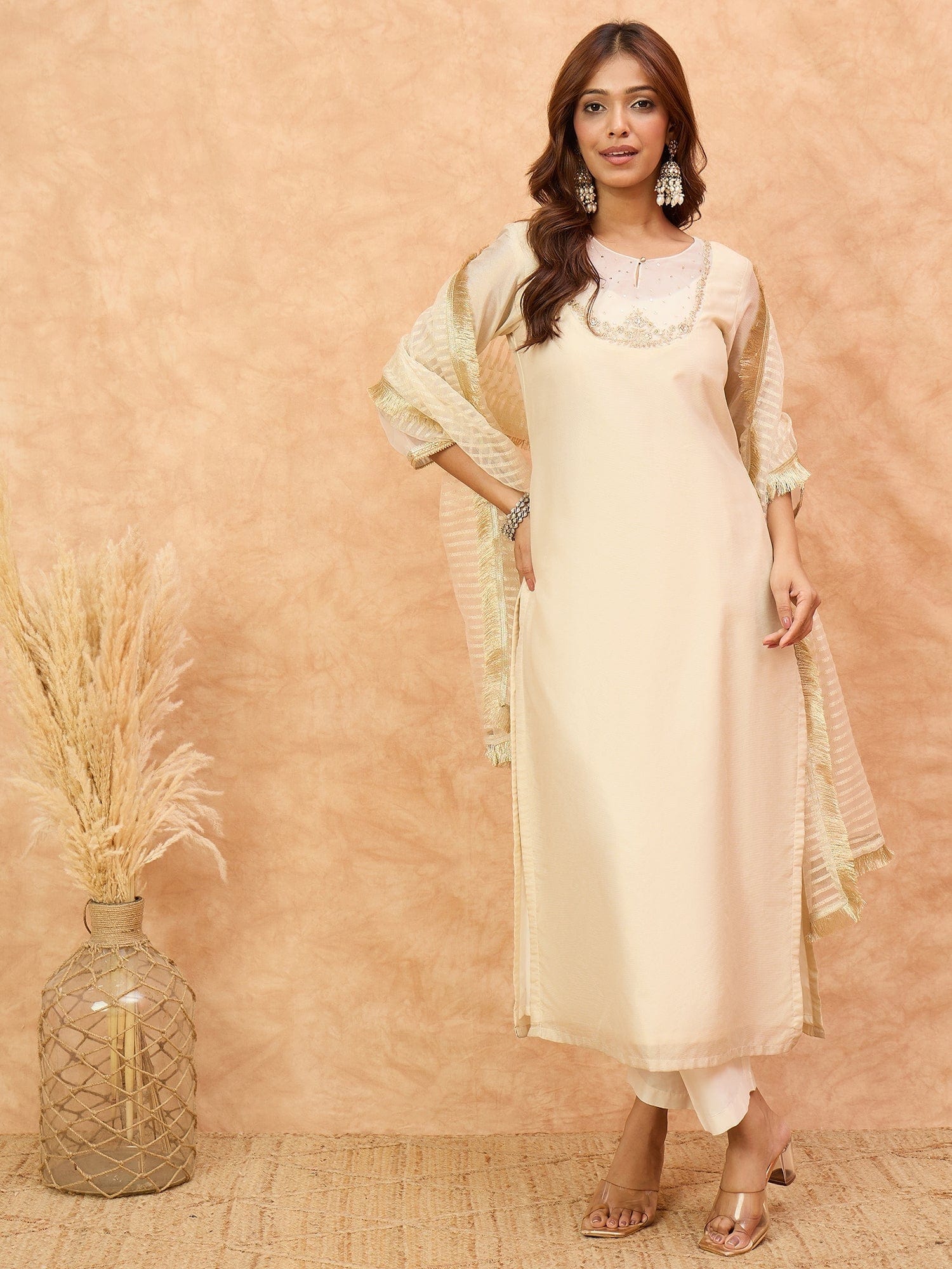 The Kurti Collection Women Zari Embroidered And Sequence Embellished With Organza Detailed Kurta With Bottom And Dupatta