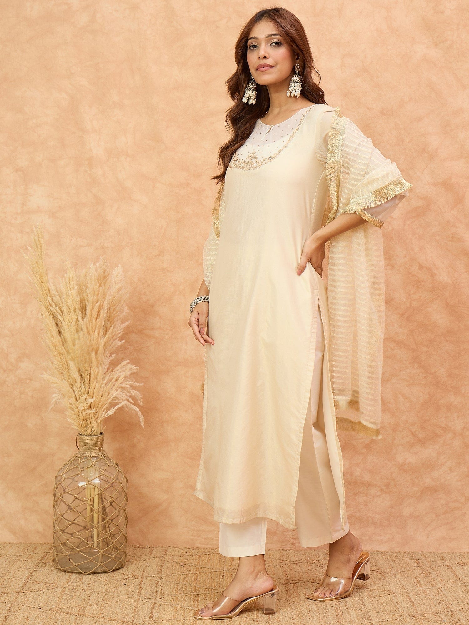 The Kurti Collection Women Zari Embroidered And Sequence Embellished With Organza Detailed Kurta With Bottom And Dupatta