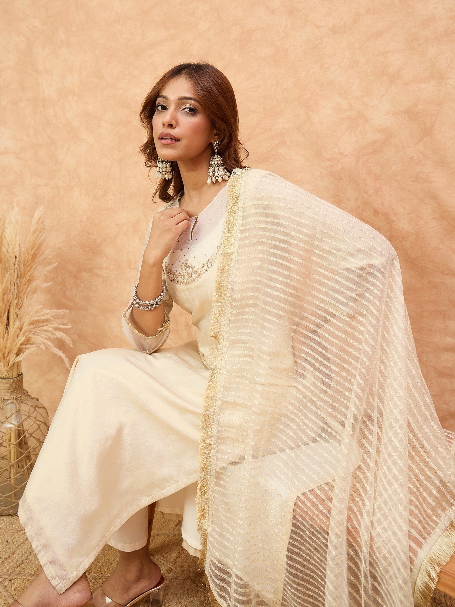 The Kurti Collection Women Zari Embroidered And Sequence Embellished With Organza Detailed Kurta With Bottom And Dupatta