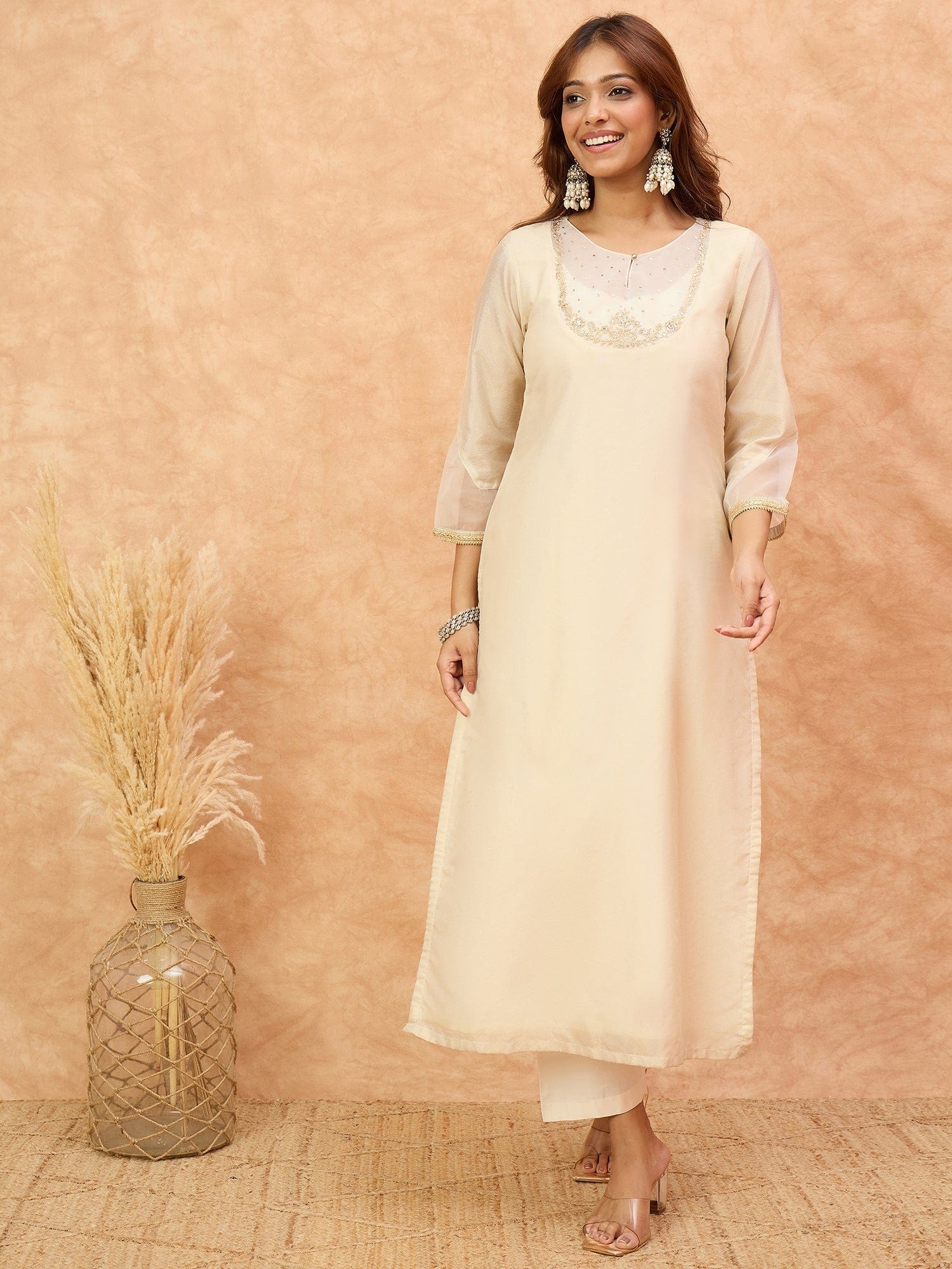 The Kurti Collection Women Zari Embroidered And Sequence Embellished With Organza Detailed Kurta With Bottom And Dupatta