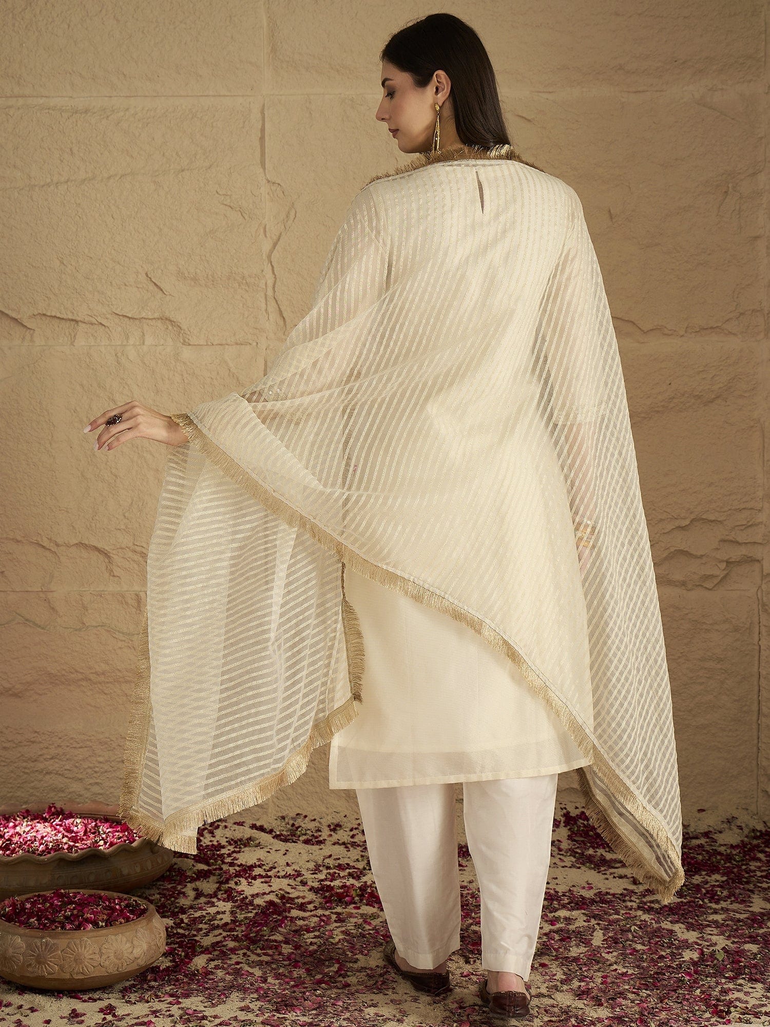The Kurti Collection Women Brocade Gold Round Neck Zari Embroidered Sequins Embellished Kurta Set with Dupatta