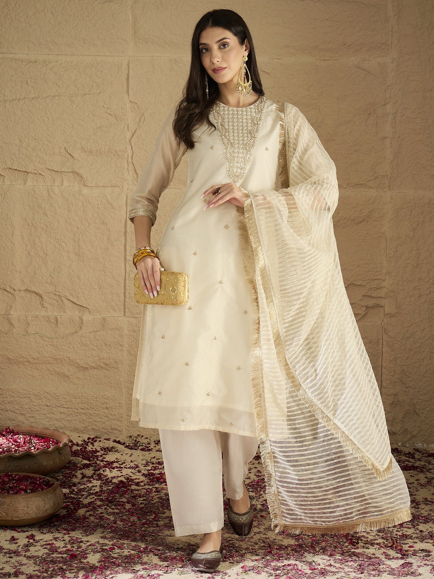 The Kurti Collection Women Brocade Gold Round Neck Zari Embroidered Sequins Embellished Kurta Set with Dupatta