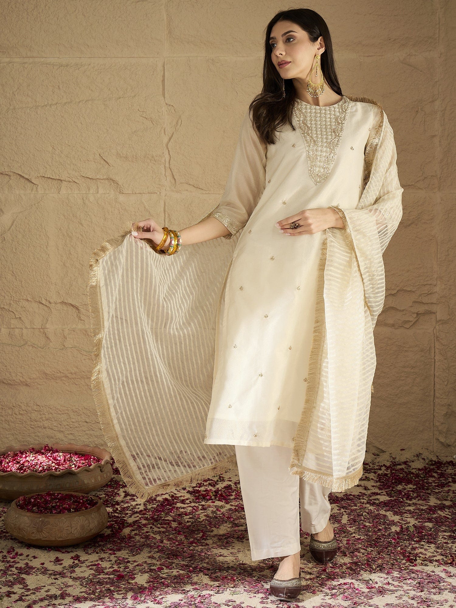 The Kurti Collection Women Brocade Gold Round Neck Zari Embroidered Sequins Embellished Kurta Set with Dupatta