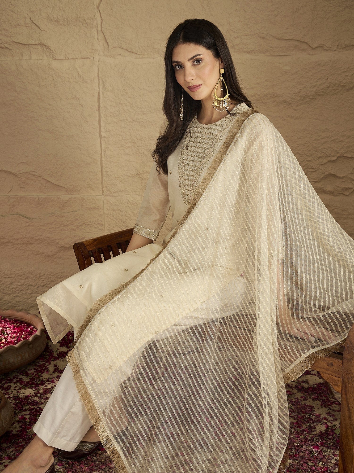 The Kurti Collection Women Brocade Gold Round Neck Zari Embroidered Sequins Embellished Kurta Set with Dupatta
