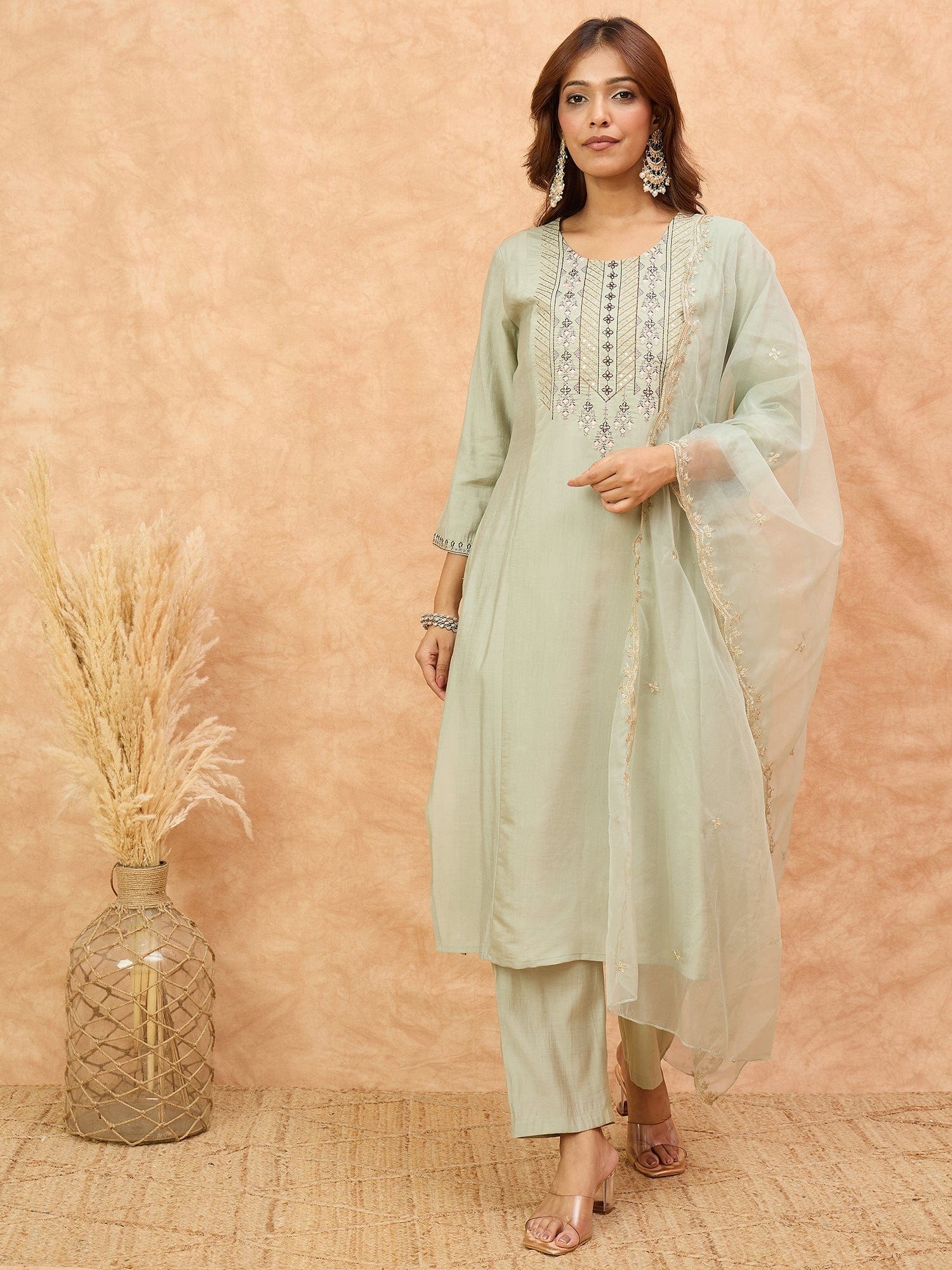 The Kurti Collection Women-Thread & Sequin Embroidered Yoke Kurta With Trouser & Scallop Dupatta