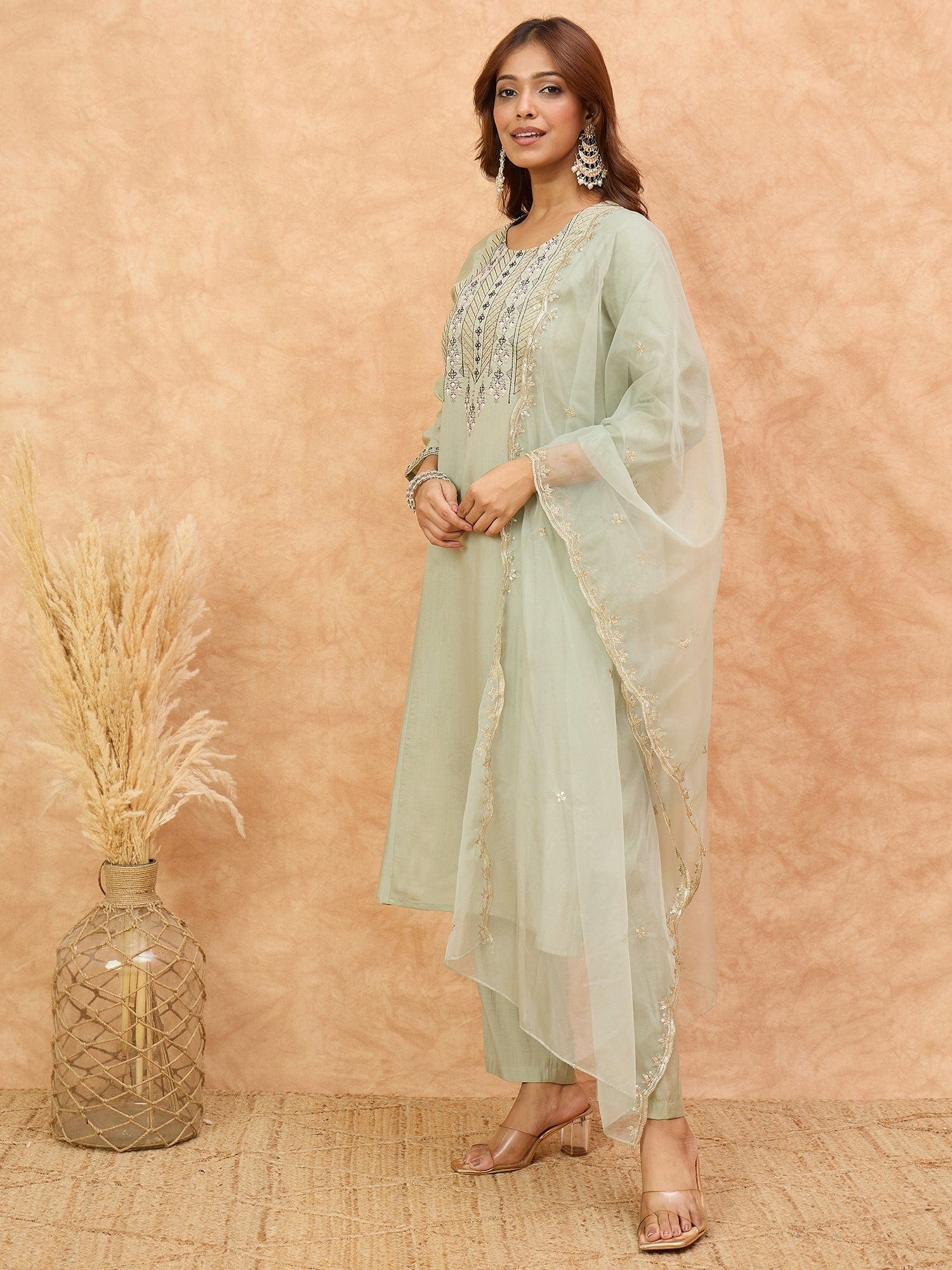 The Kurti Collection Women-Thread & Sequin Embroidered Yoke Kurta With Trouser & Scallop Dupatta