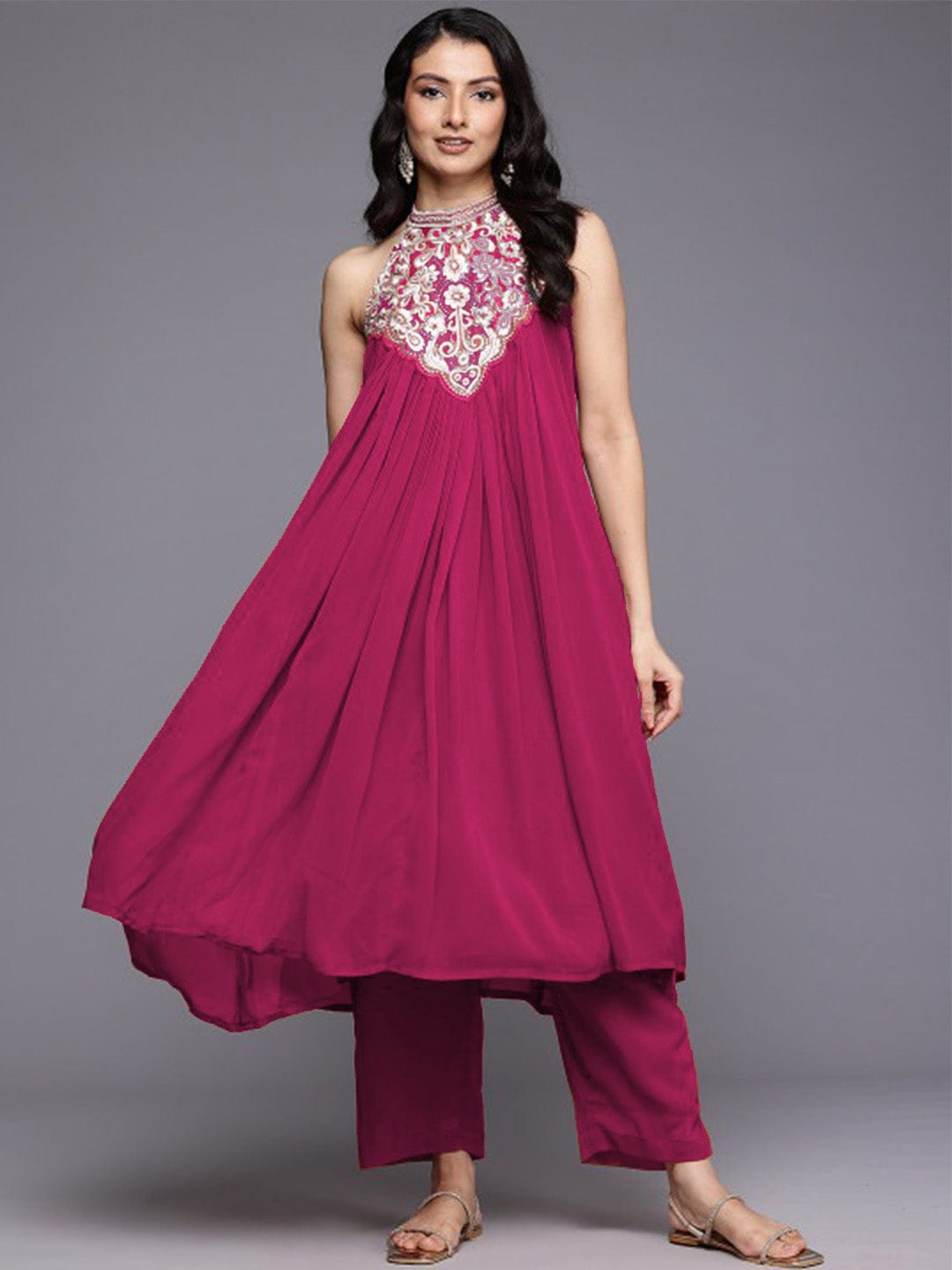 The Kurti Collection Women Halter Neck Zari And Sequence Embroidered Sleeveless Flared Kurta Paired With Tonal Bottom
