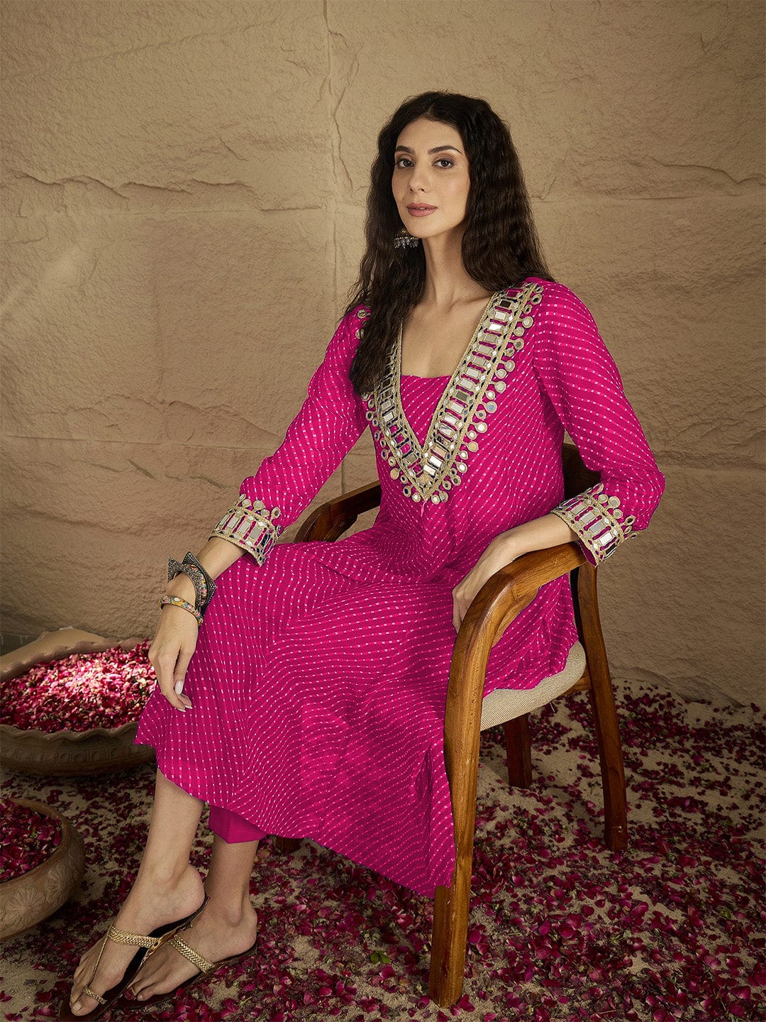 The Kurti Collection Women Graceful Beige Kurta Set Featuring Gota Patti Detailing, Paired With Solid Trousers