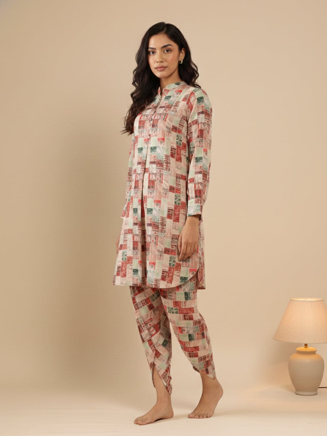 KSUT Women Beige Geometrical Printed Straight Kurta With Bishop Sleeves Paired With Tonal Printed Dhoti Style Bottom