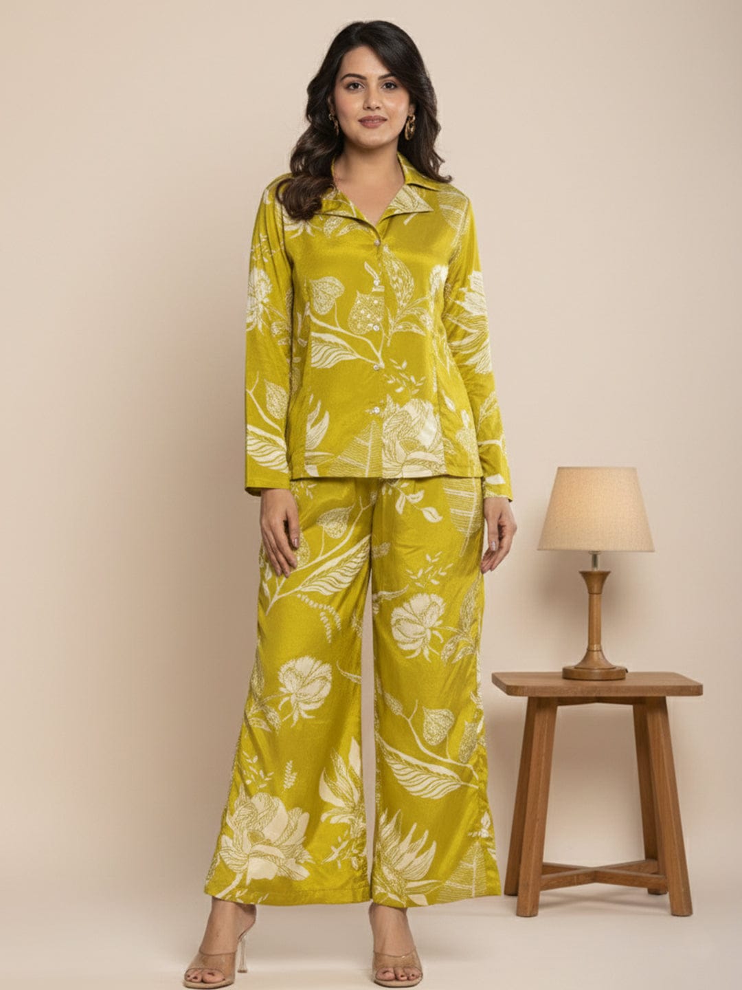 KSUT Women Floral Printed Front Placket Shirt with Flared Palazzo