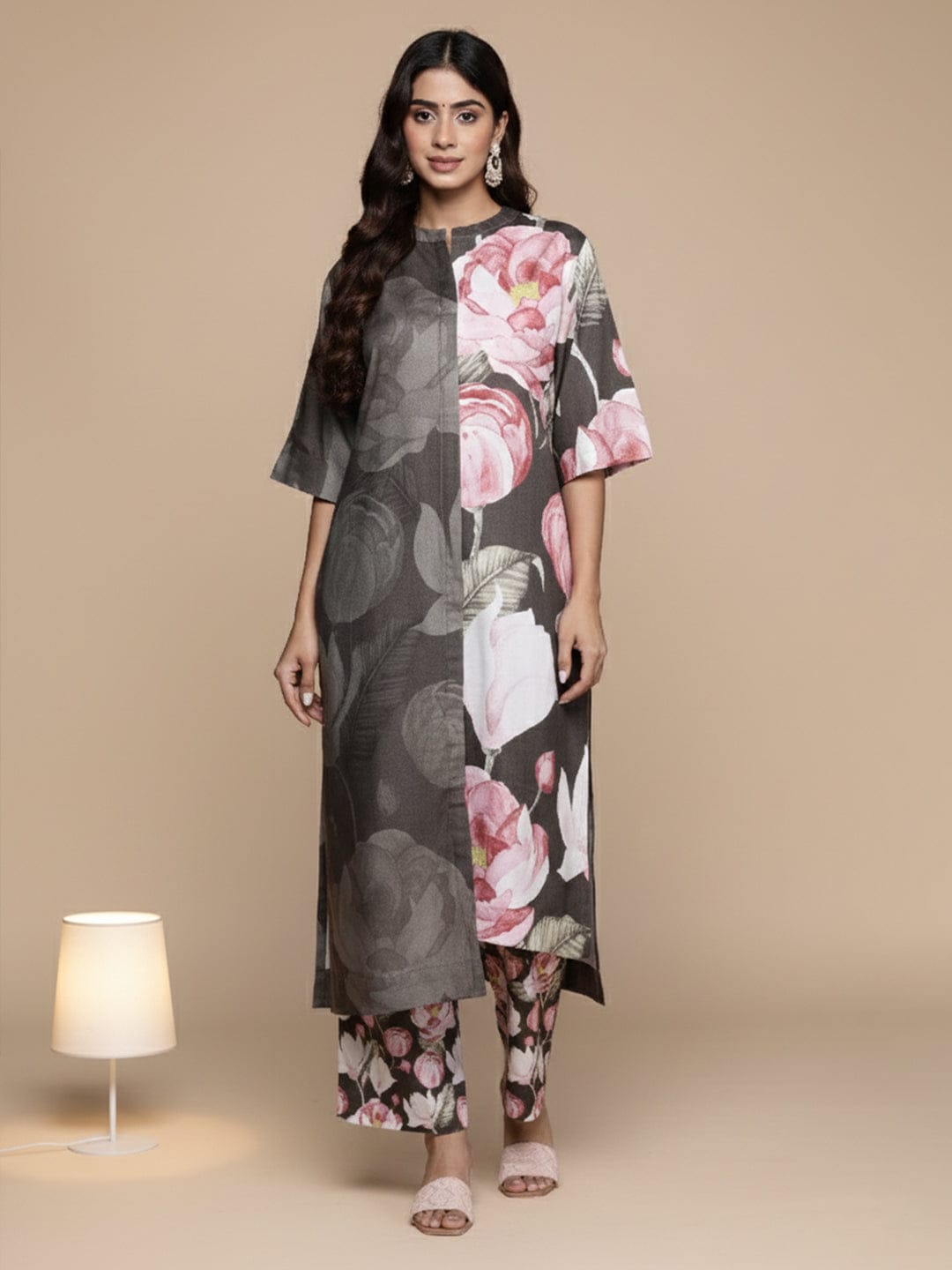 KSUT Women Olive Floral Printed Assymetric Straight Kurta Paired With Tonal Printed Bottom