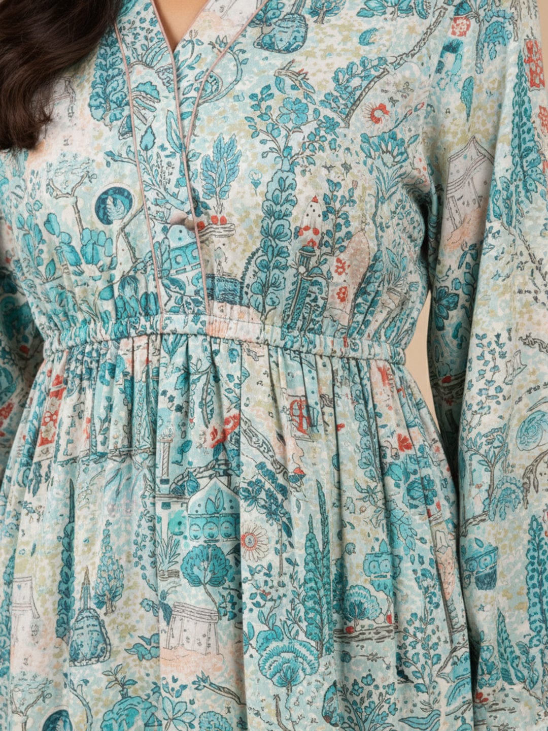KSUT Women Teal Abstract Printed V-Neck Angrakha Style Top Paired With Tonal Printed Flared Bottom