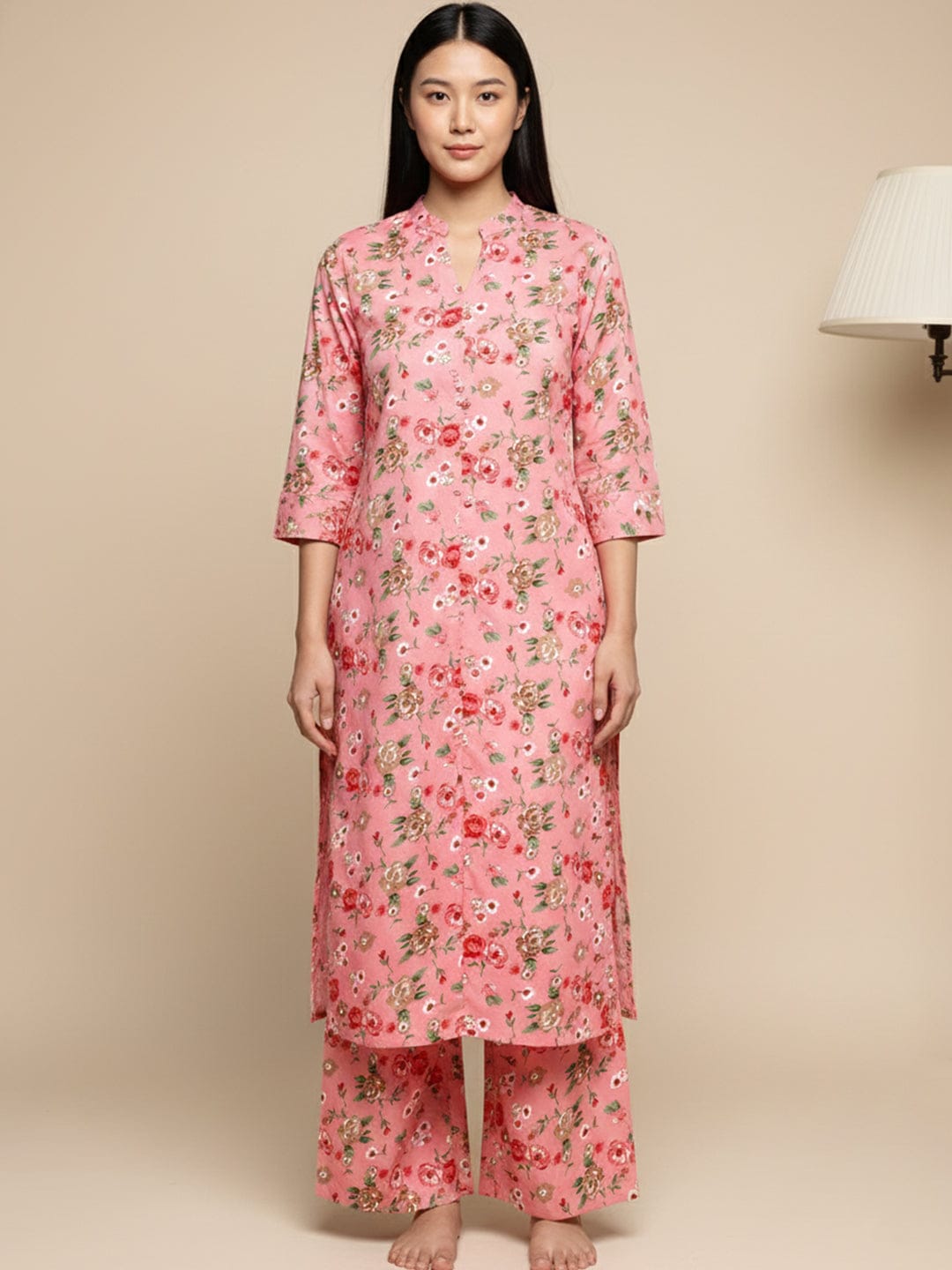 KSUT Women Pink Floral Printed Straight Kurta Paired With Tonal Printed Bottom