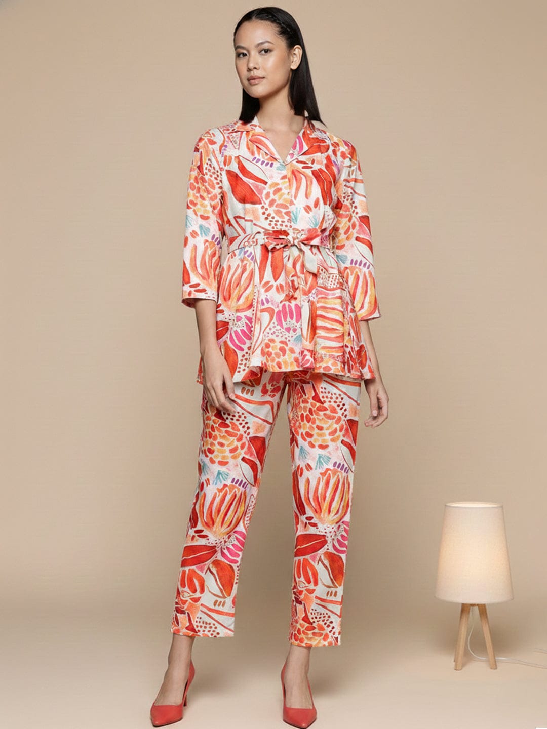 KSUT Women Rust Abstract Printed Top Paired With Tonal Printed Bottom