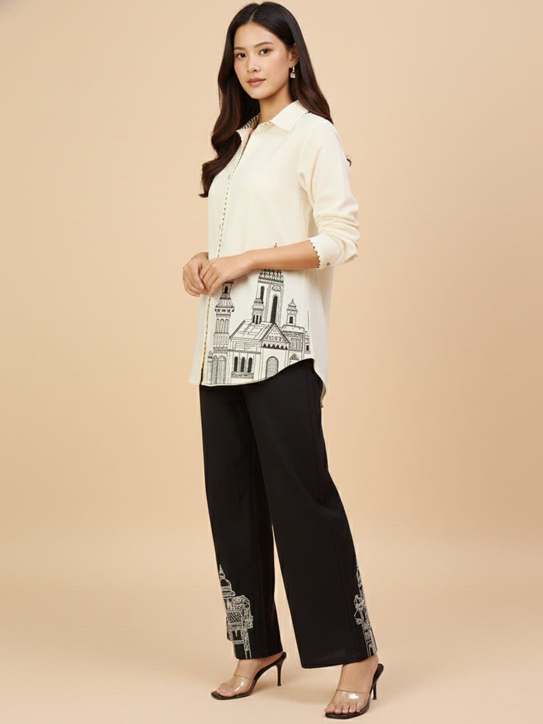 KSUT Women Black And White Co-Ord Set With Thread Work And Sequins Highlighting