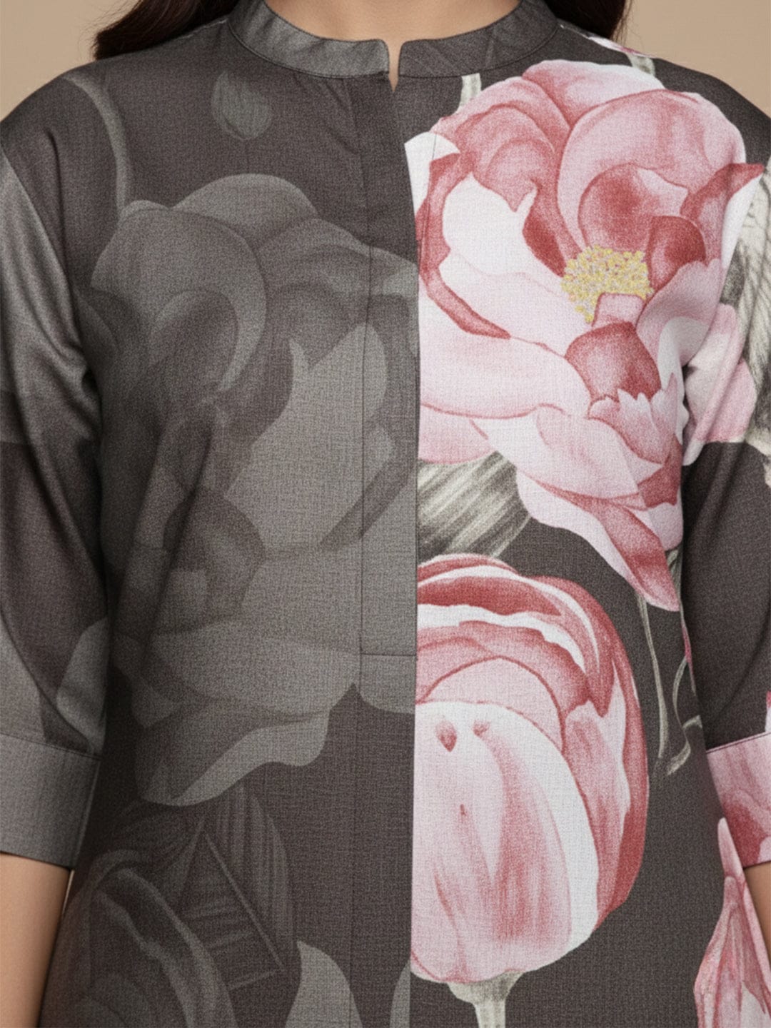 KSUT Women Olive Floral Printed Assymetric Straight Kurta Paired With Tonal Printed Bottom