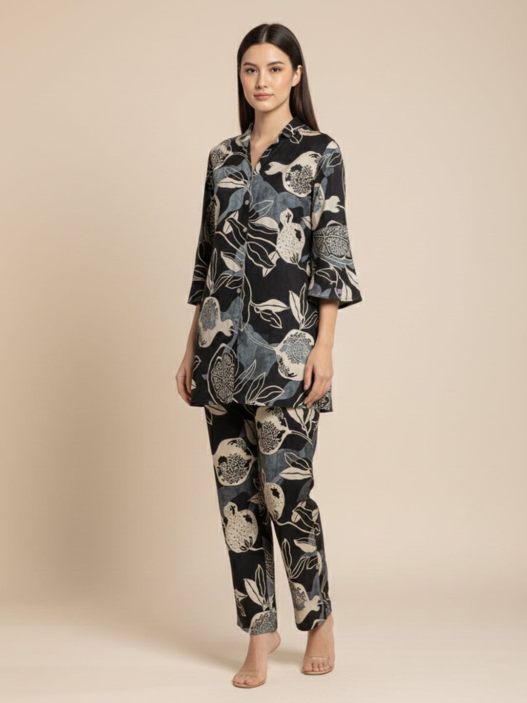 KSUT Women Floral Printed Front Placket Shirt with Flared Palazzo
