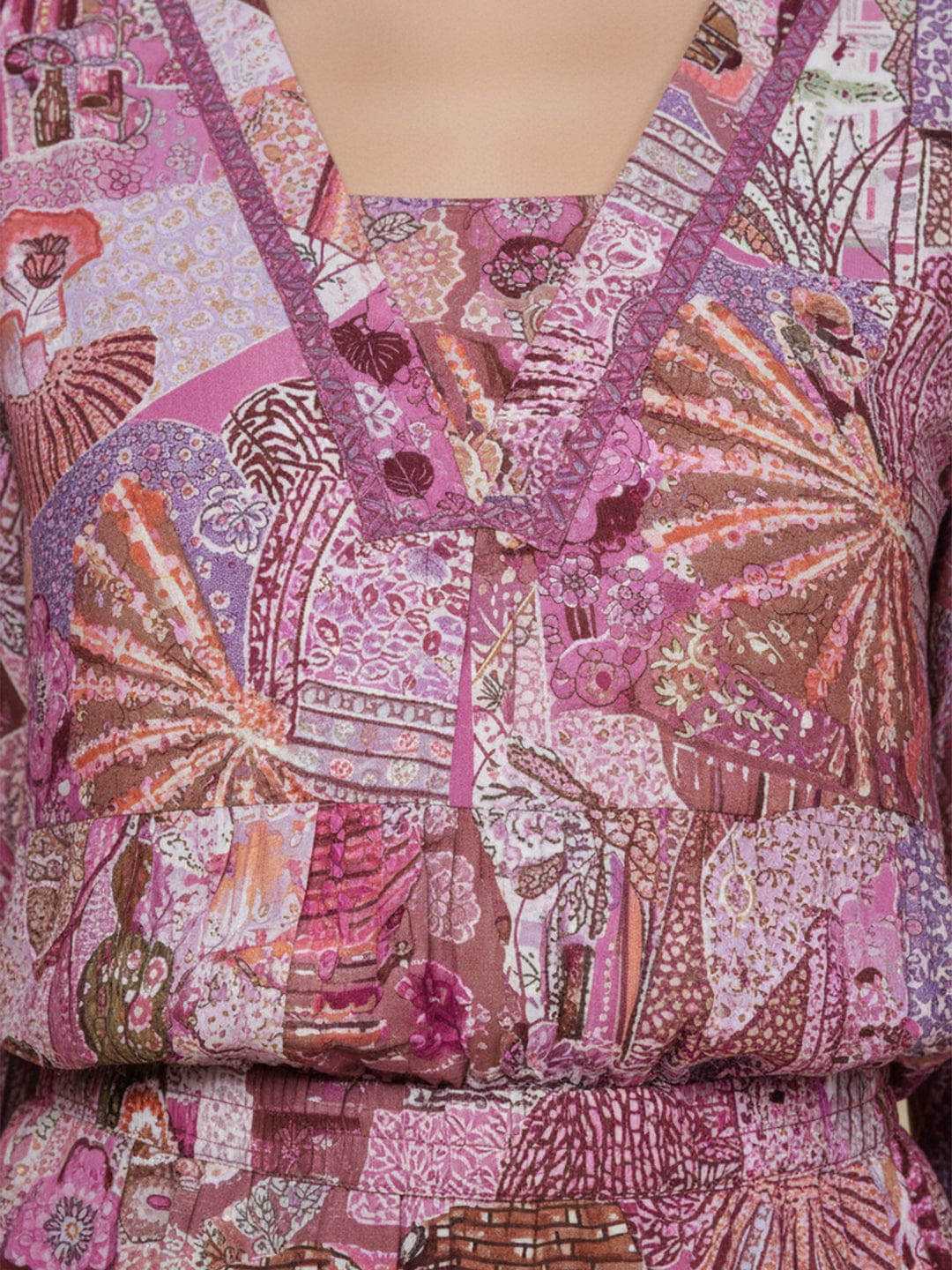 KSUT Women Purple Abstract Printed V-Neck A-Line Kurta Paired With Tonal Bottom