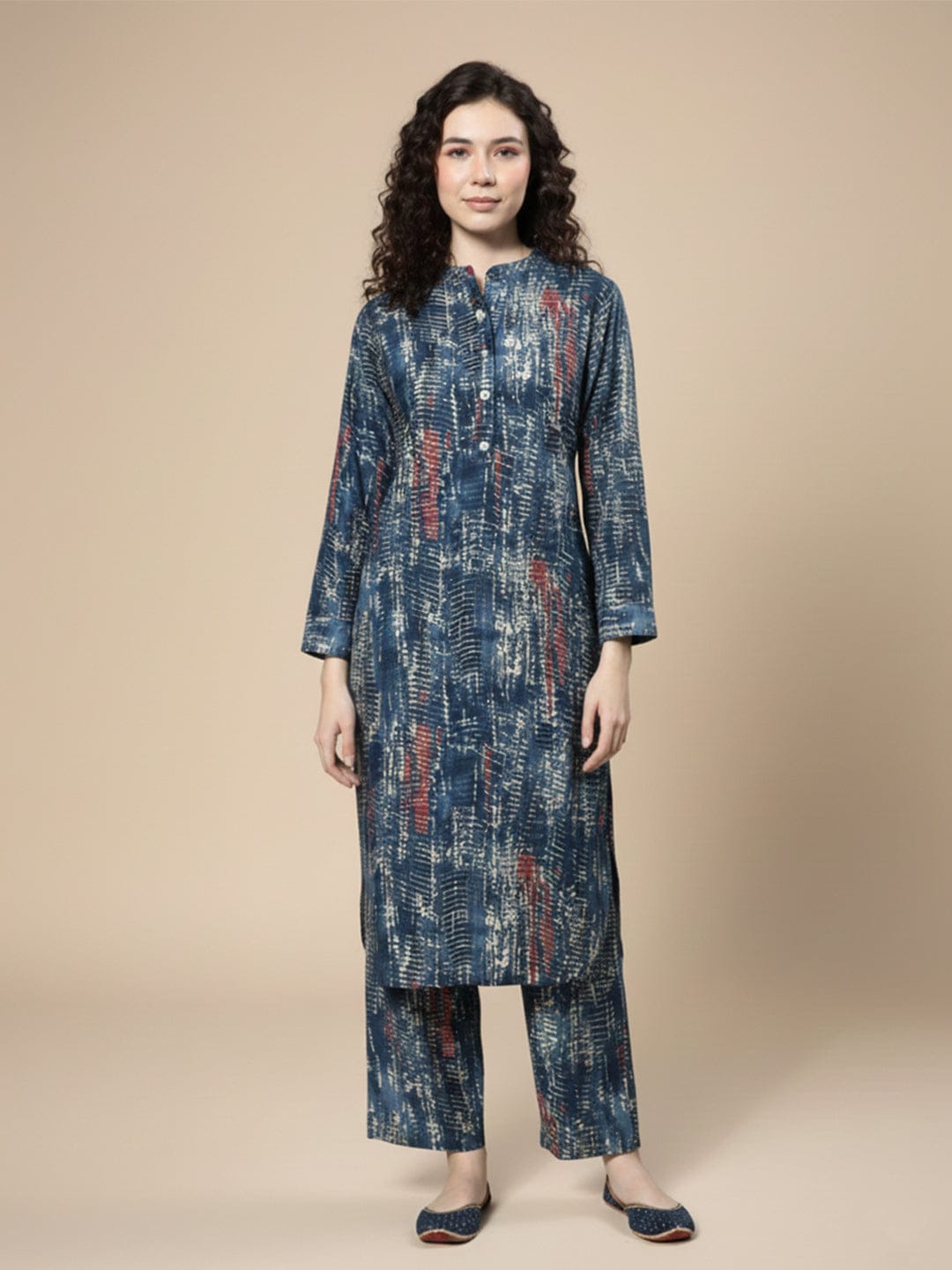 KSUT blue shibori printed mandrin collar straight kurta paired with tonal bottom