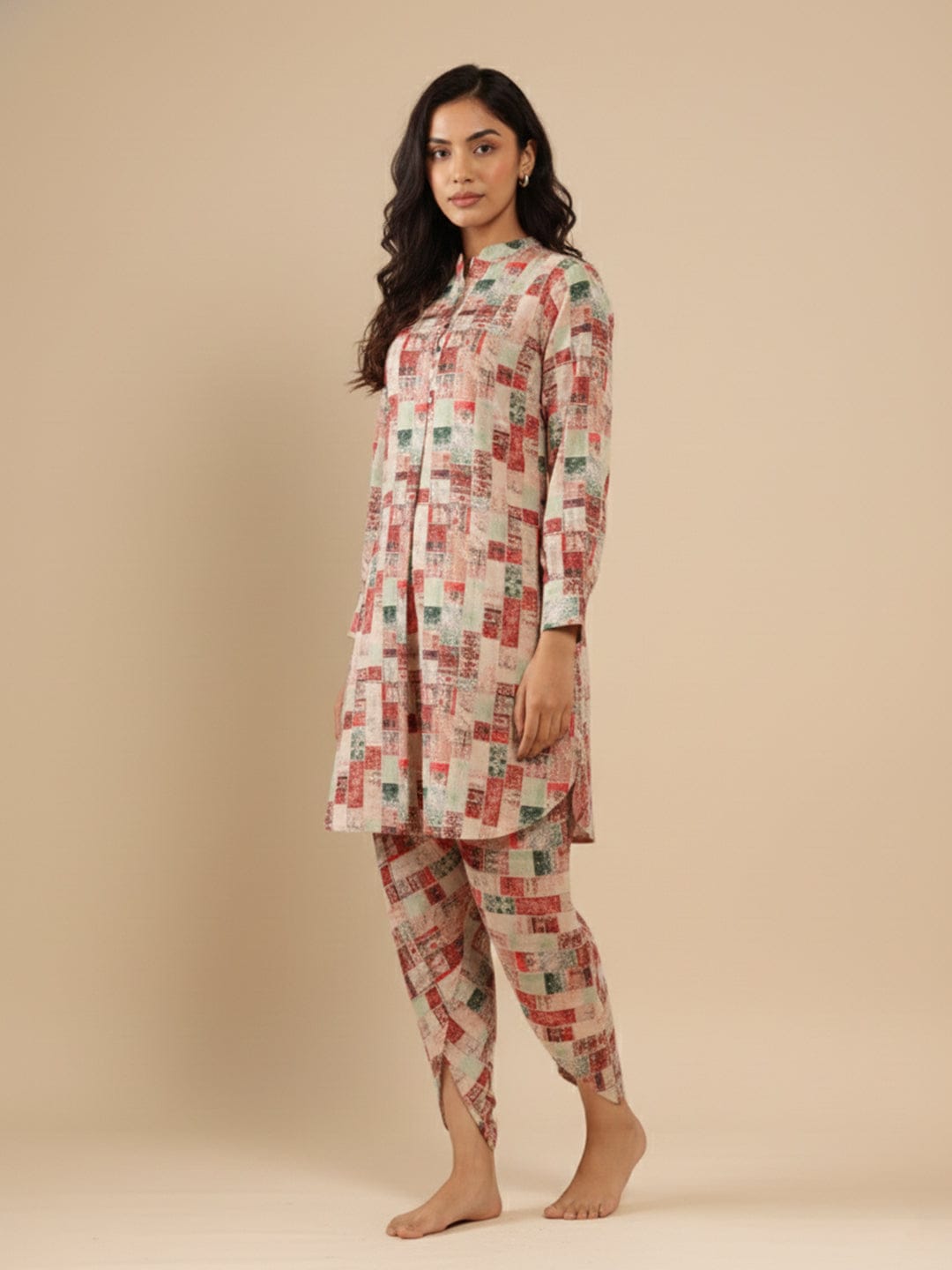 KSUT Women Beige Geometrical Printed Straight Kurta With Bishop Sleeves Paired With Tonal Printed Dhoti Style Bottom