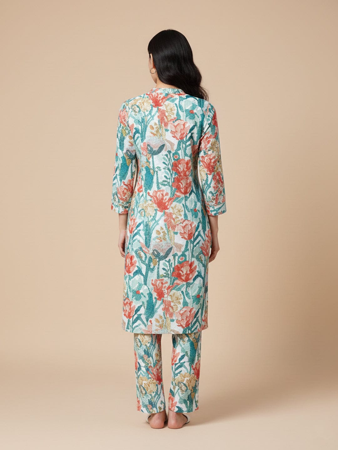 KSUT Women Cream Floral Printed High Low Straight Kurta Paired With Tonal Bottom