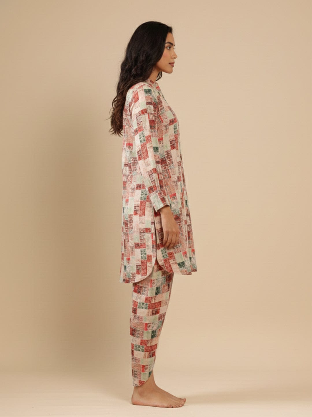 KSUT Women Beige Geometrical Printed Straight Kurta With Bishop Sleeves Paired With Tonal Printed Dhoti Style Bottom