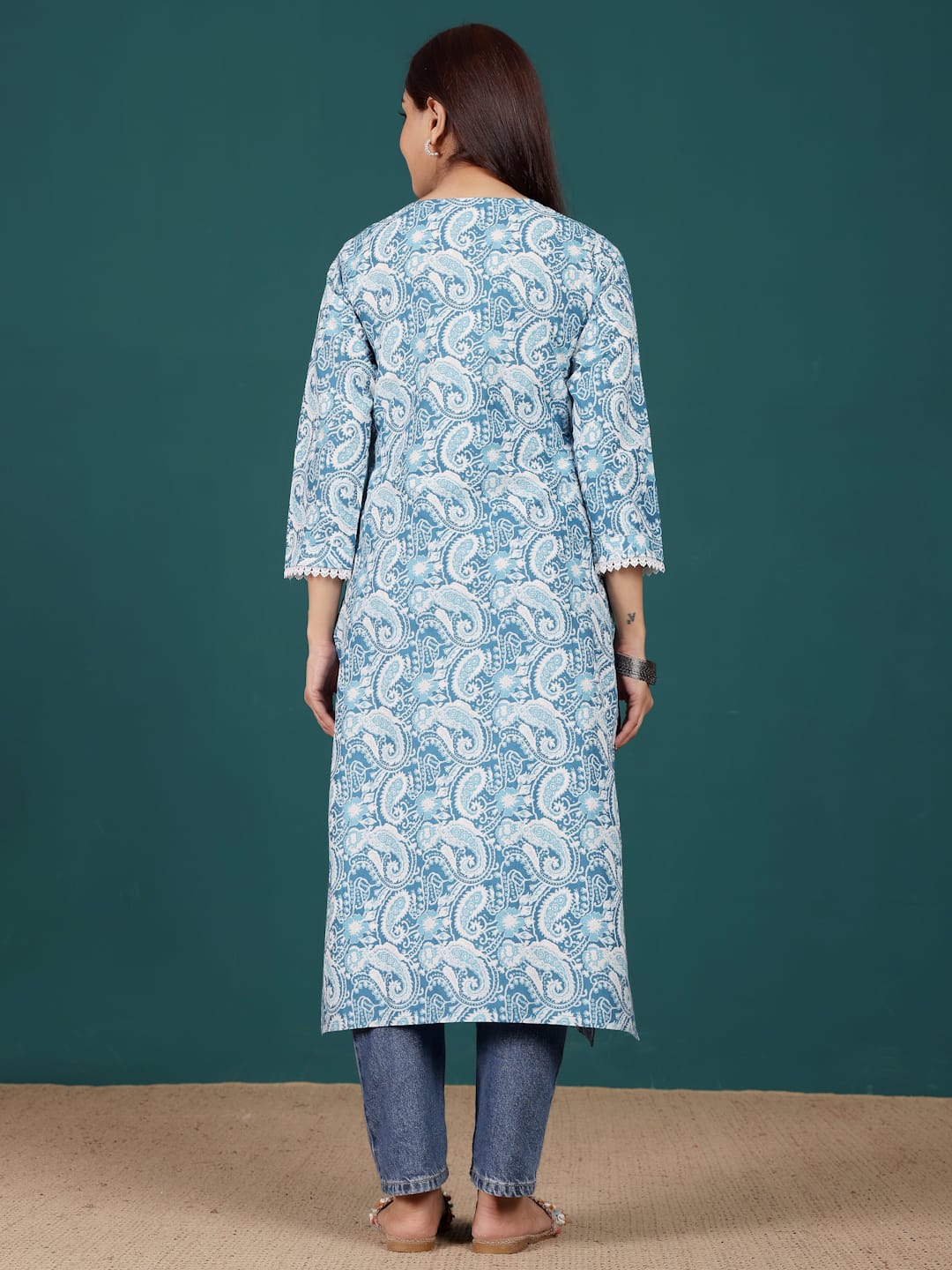 The Kurti Collection Women Paisely Printed V Neck Lace Detailed Kurta