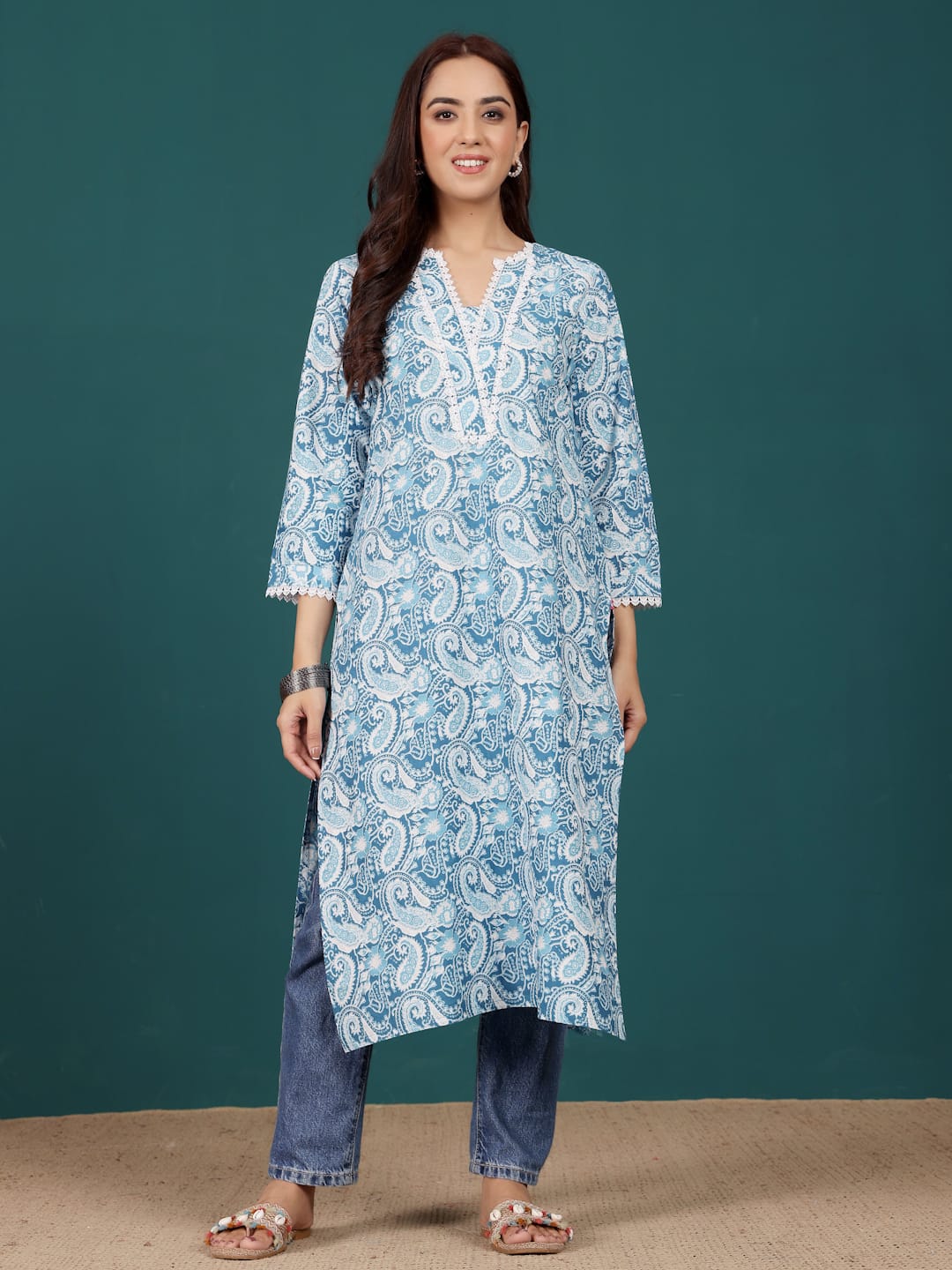 The Kurti Collection Women Paisely Printed V Neck Lace Detailed Kurta