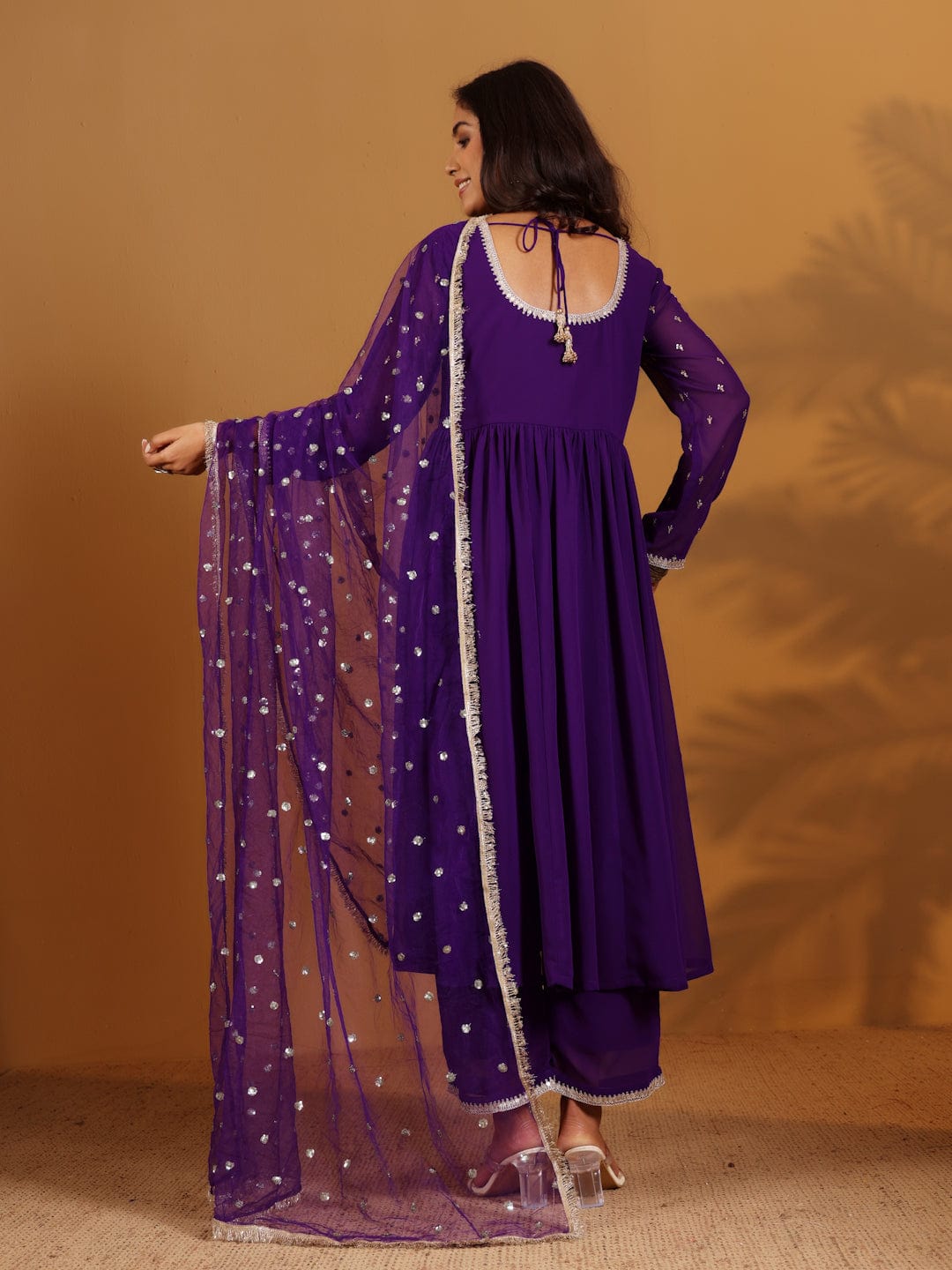 The Kurti Collection Women Purple Zari Embroidered Flared Kurta With Bottom And Dupatta