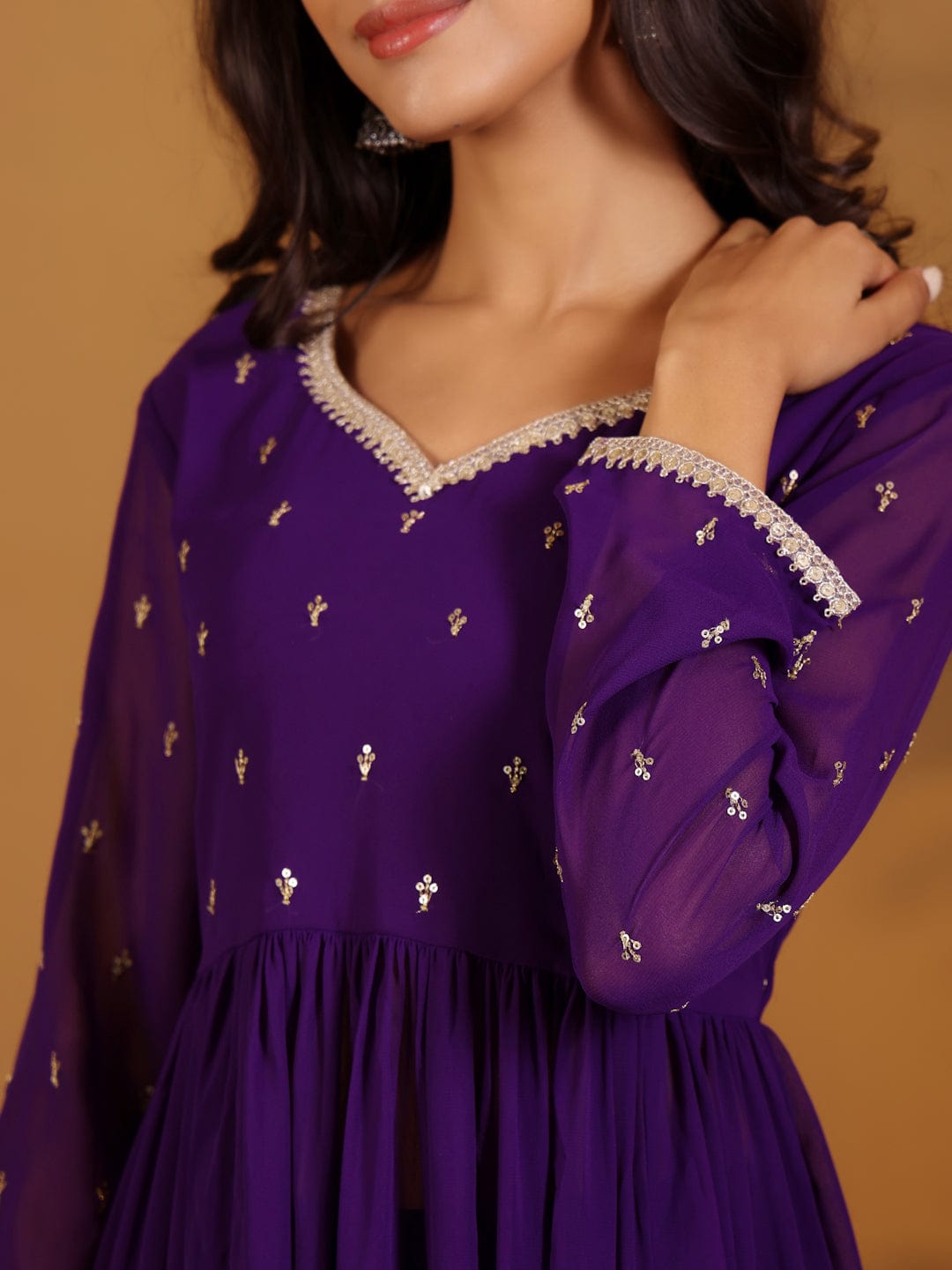 The Kurti Collection Women Purple Zari Embroidered Flared Kurta With Bottom And Dupatta