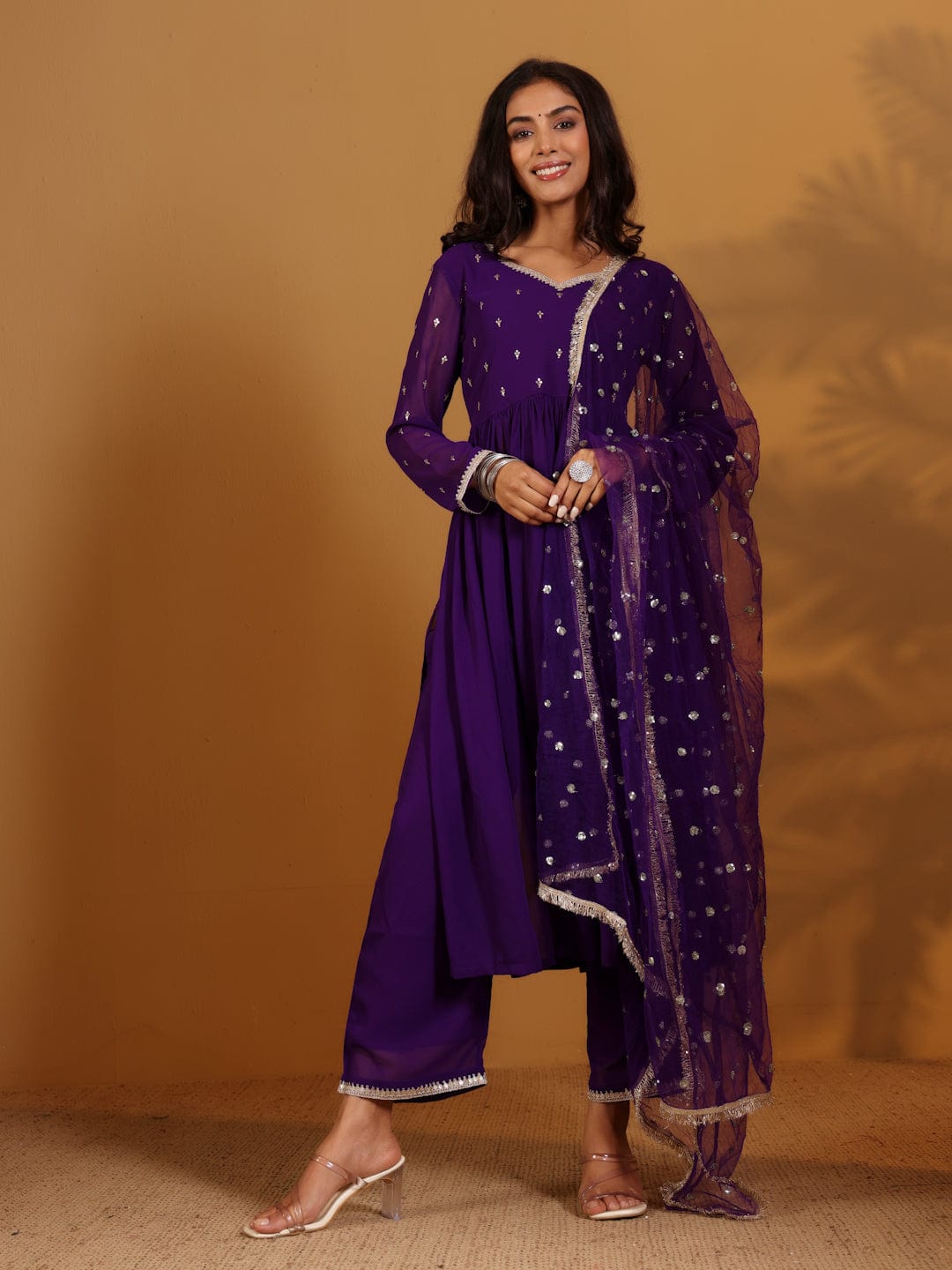 The Kurti Collection Women Purple Zari Embroidered Flared Kurta With Bottom And Dupatta