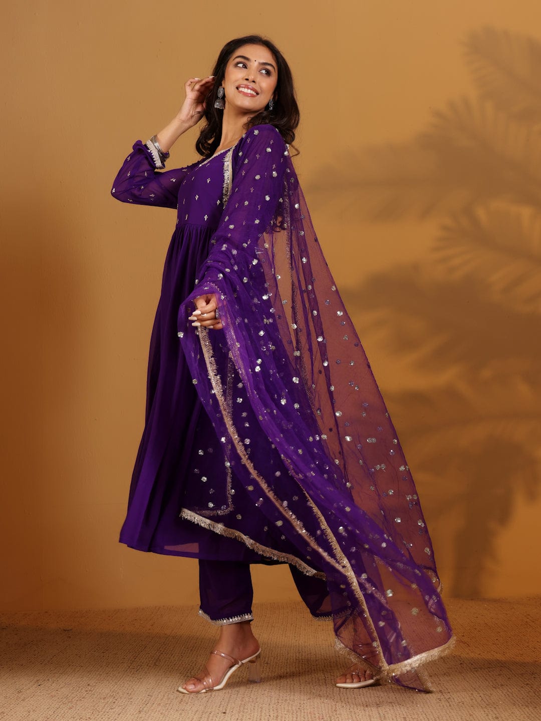 The Kurti Collection Women Purple Zari Embroidered Flared Kurta With Bottom And Dupatta