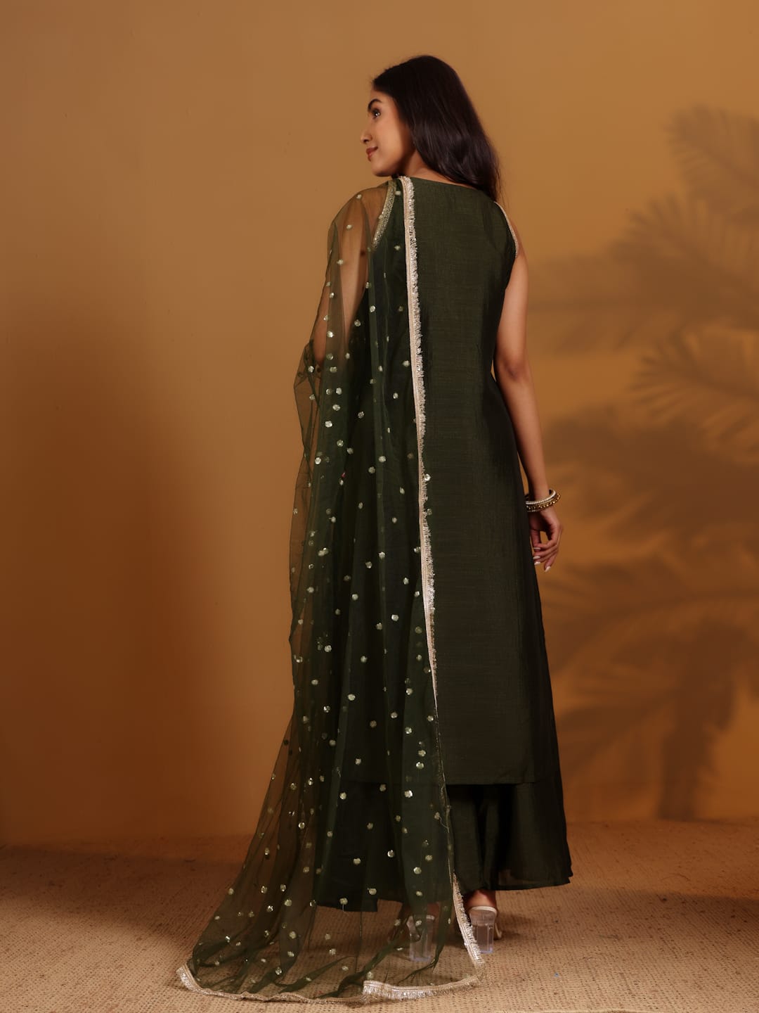 The Kurti Collection Women Olive Green Lace Embellished Sleeveless Straight Kurta Paired With Tonal Palazzo And Dupatta
