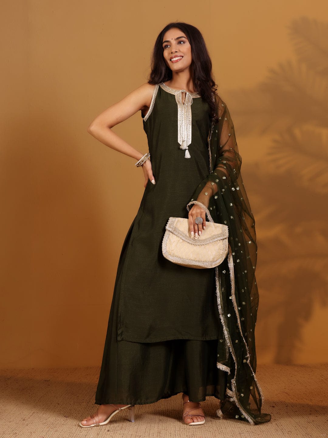 The Kurti Collection Women Olive Green Lace Embellished Sleeveless Straight Kurta Paired With Tonal Palazzo And Dupatta