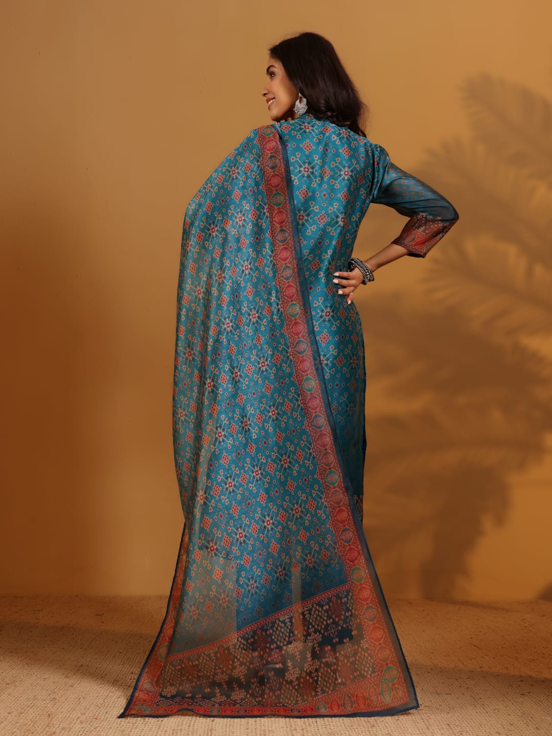 Varanga Women Patola Printed, Teal & Beige Mandrin Collar ,Straight Kurta With Solid Bottom And Printed Dupatta