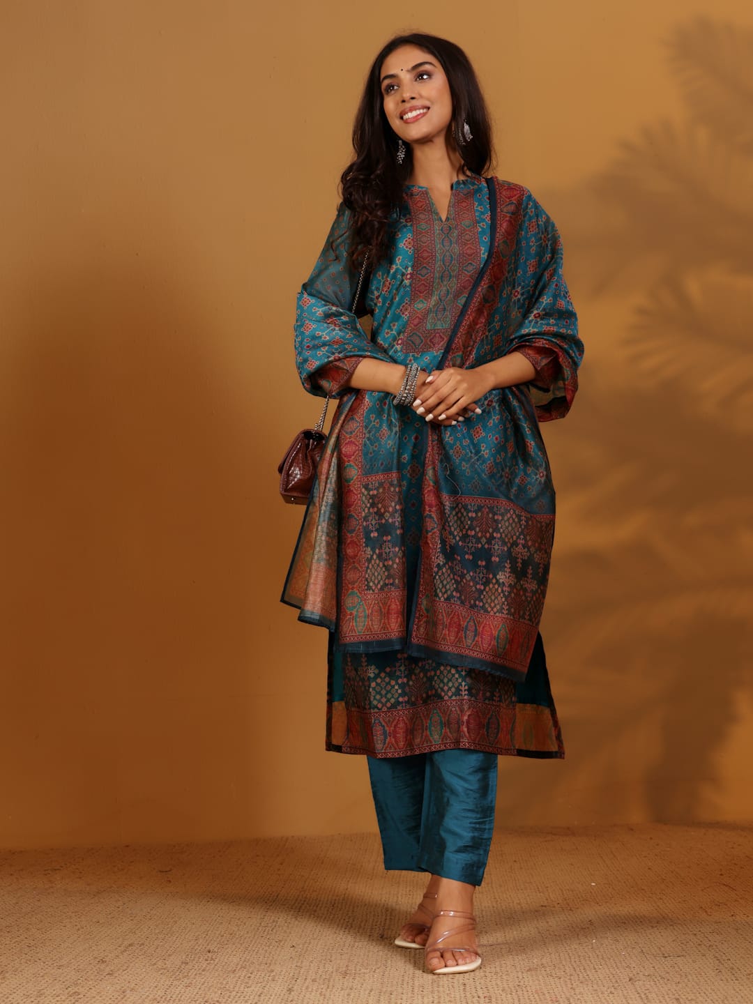 The Kurti Collection Women Patola Printed, Teal & Beige Mandrin Collar ,Straight Kurta With Solid Bottom And Printed Dupatta
