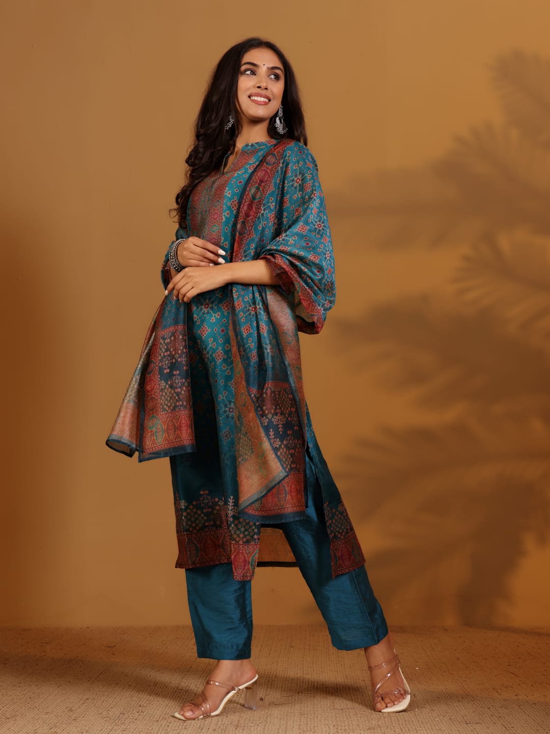 The Kurti Collection Women Patola Printed, Teal & Beige Mandrin Collar ,Straight Kurta With Solid Bottom And Printed Dupatta