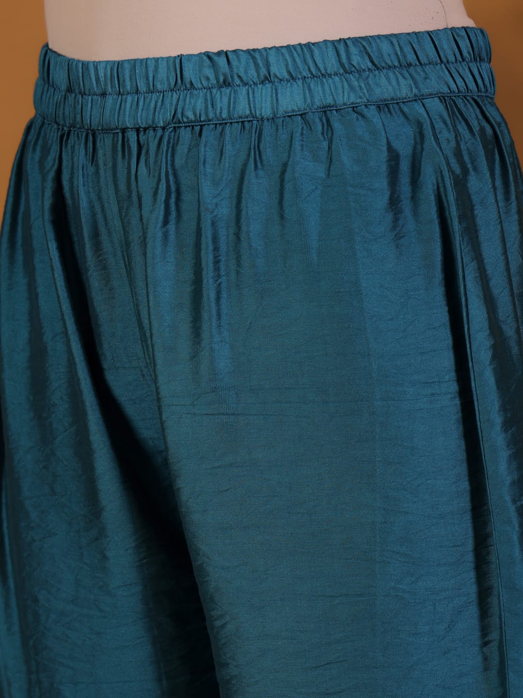 Varanga Women Patola Printed, Teal & Beige Mandrin Collar ,Straight Kurta With Solid Bottom And Printed Dupatta