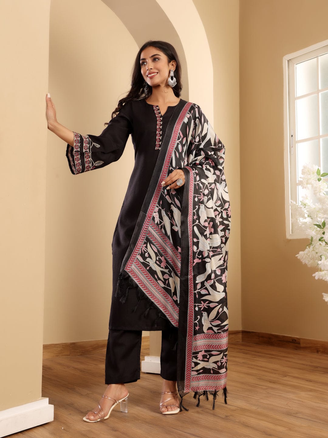 The Kurti Collection Women Black Embroidered Kurta Paired With Tonal Bottom And Printed Bhaghalpuri Dupatta