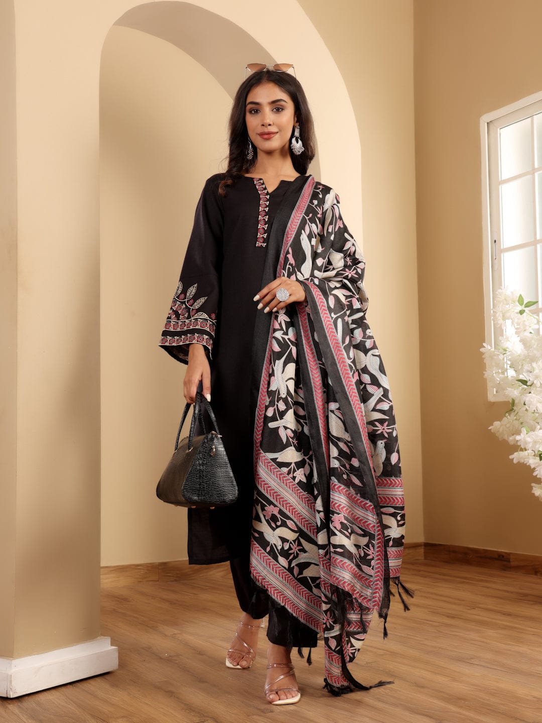 The Kurti Collection Women Black Embroidered Kurta Paired With Tonal Bottom And Printed Bhaghalpuri Dupatta